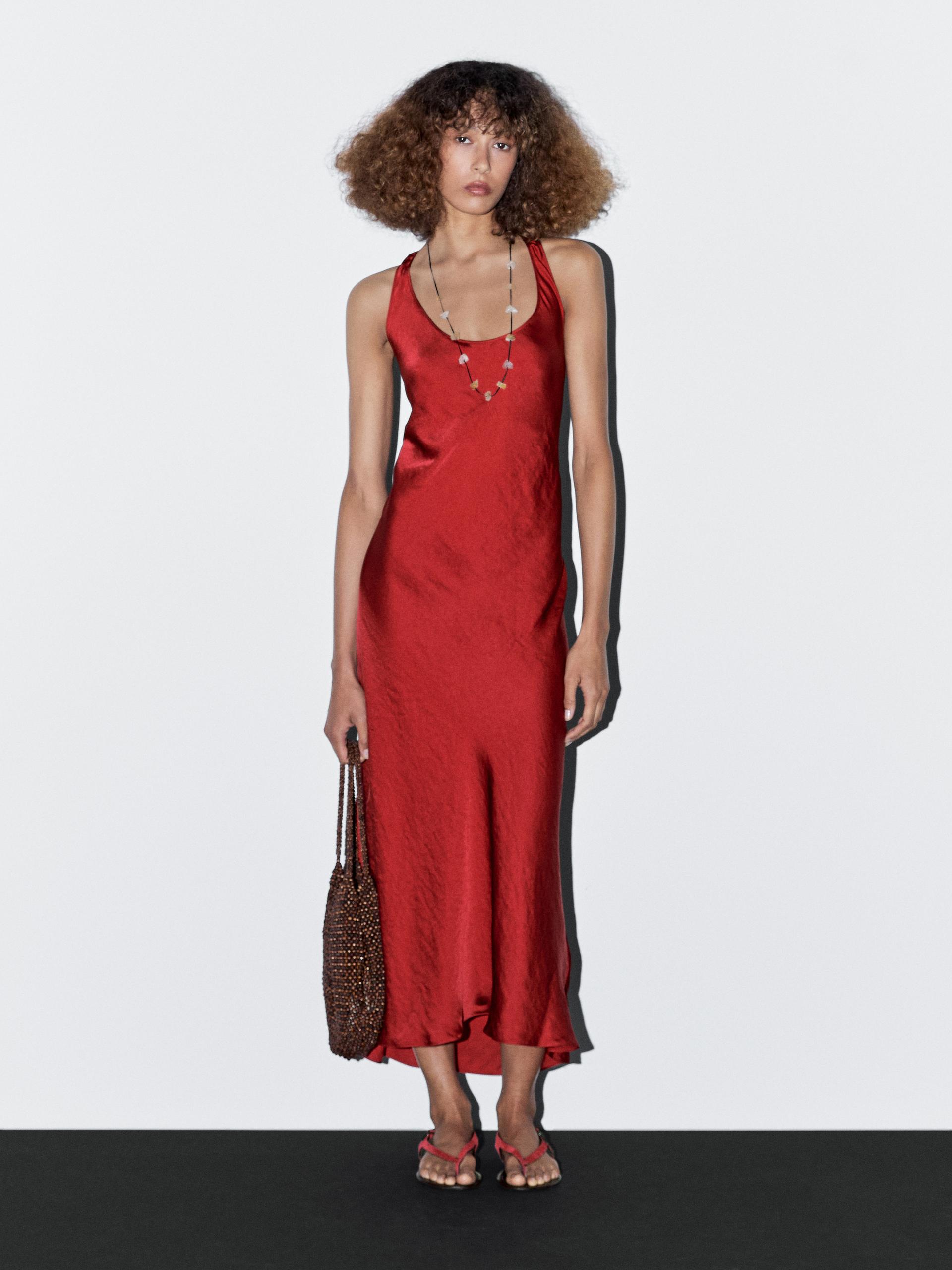 Robe Longue Satinée À Encolure Ronde - Rouge - Xs - Massimo Dutti - Femme