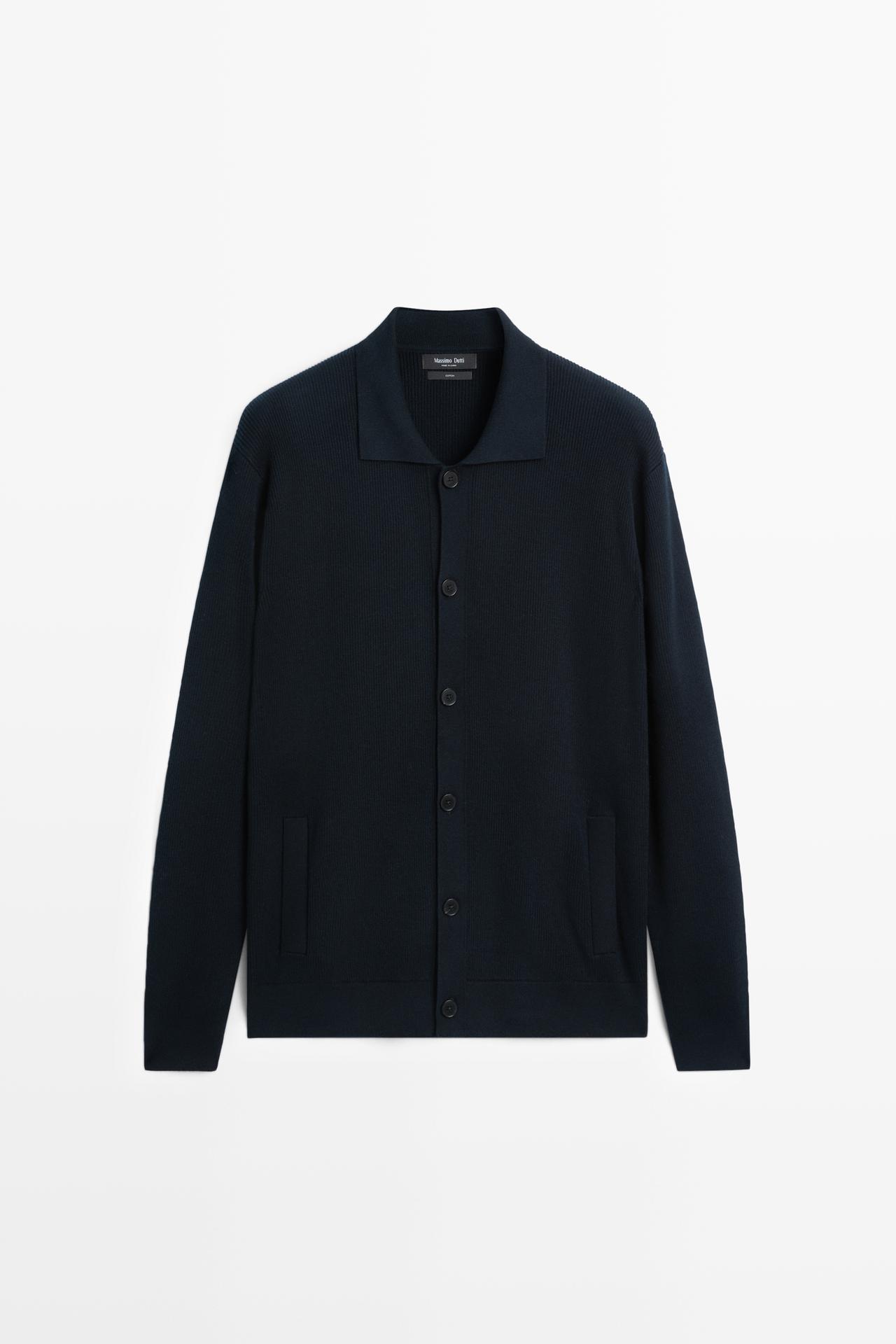 100% cotton polo collar knit cardigan — NAVY BLUE