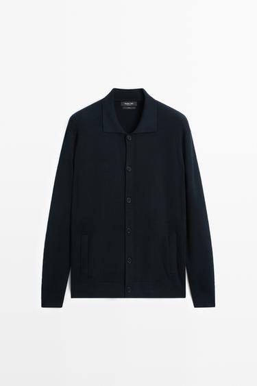100% cotton polo collar knit cardigan — NAVY BLUE 2