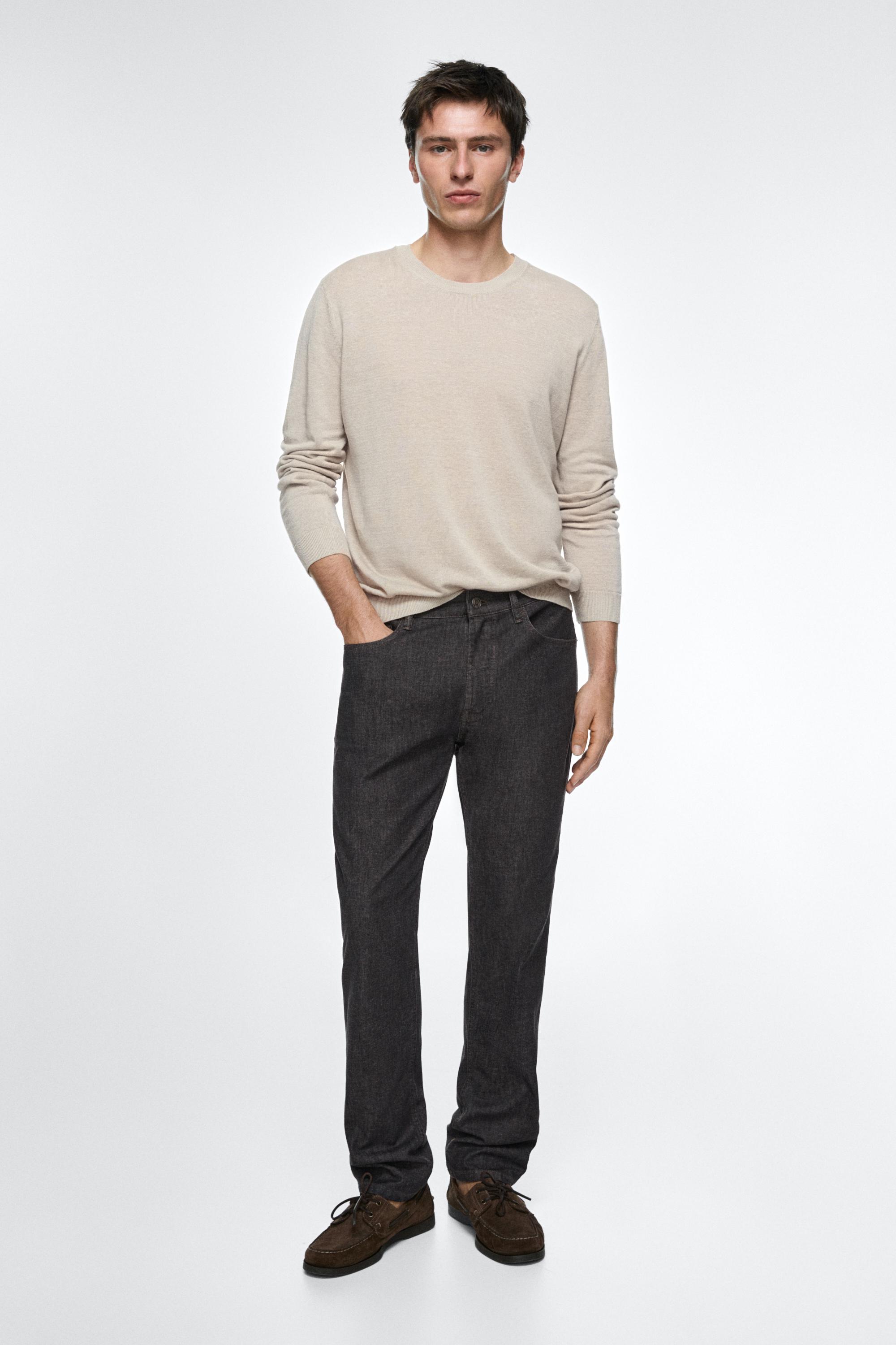 Lightweight tapered fit denim-effect trousers