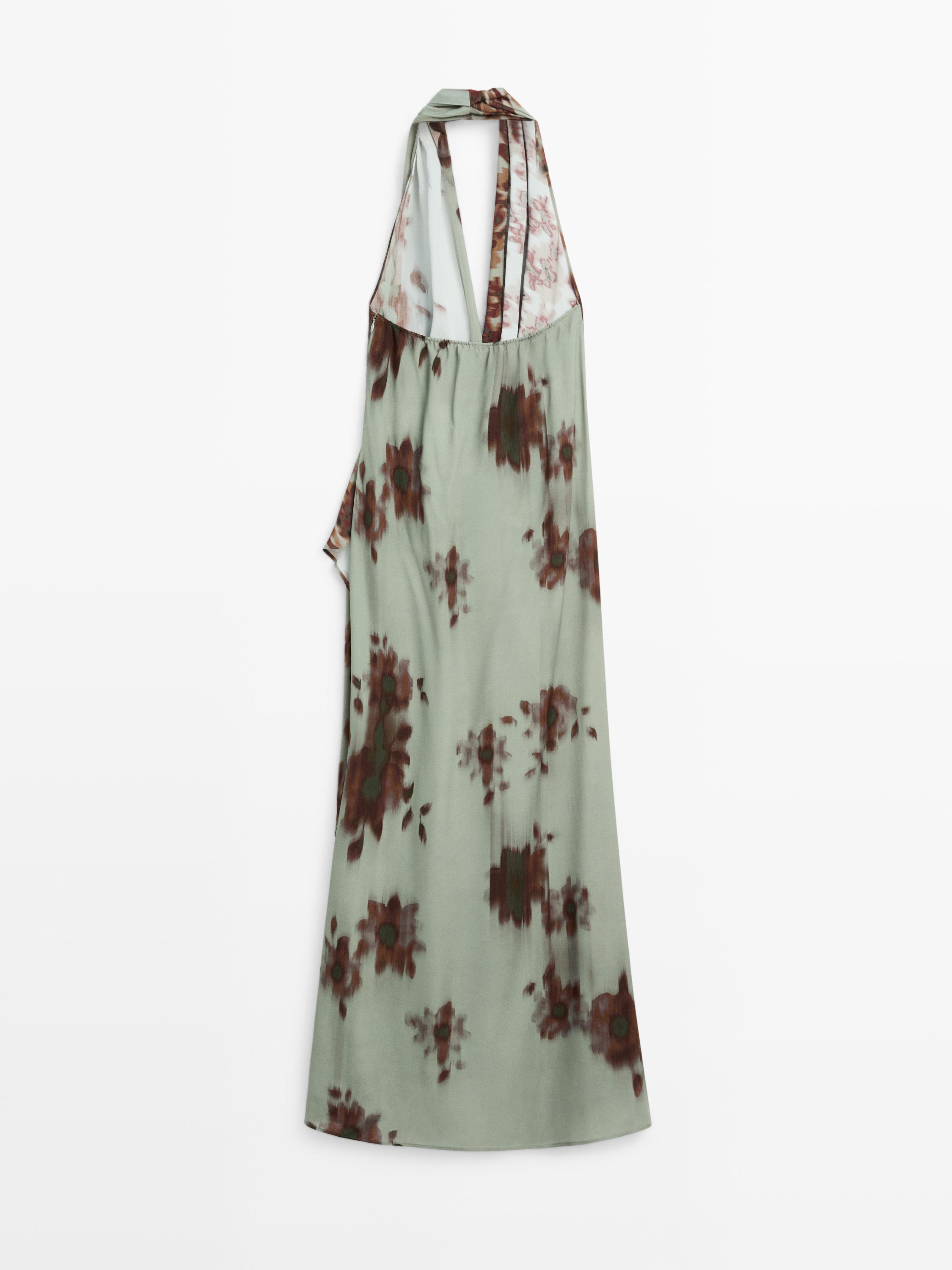 Printed halter midi dress  Aquamarine  Dress | Massimo Dutti