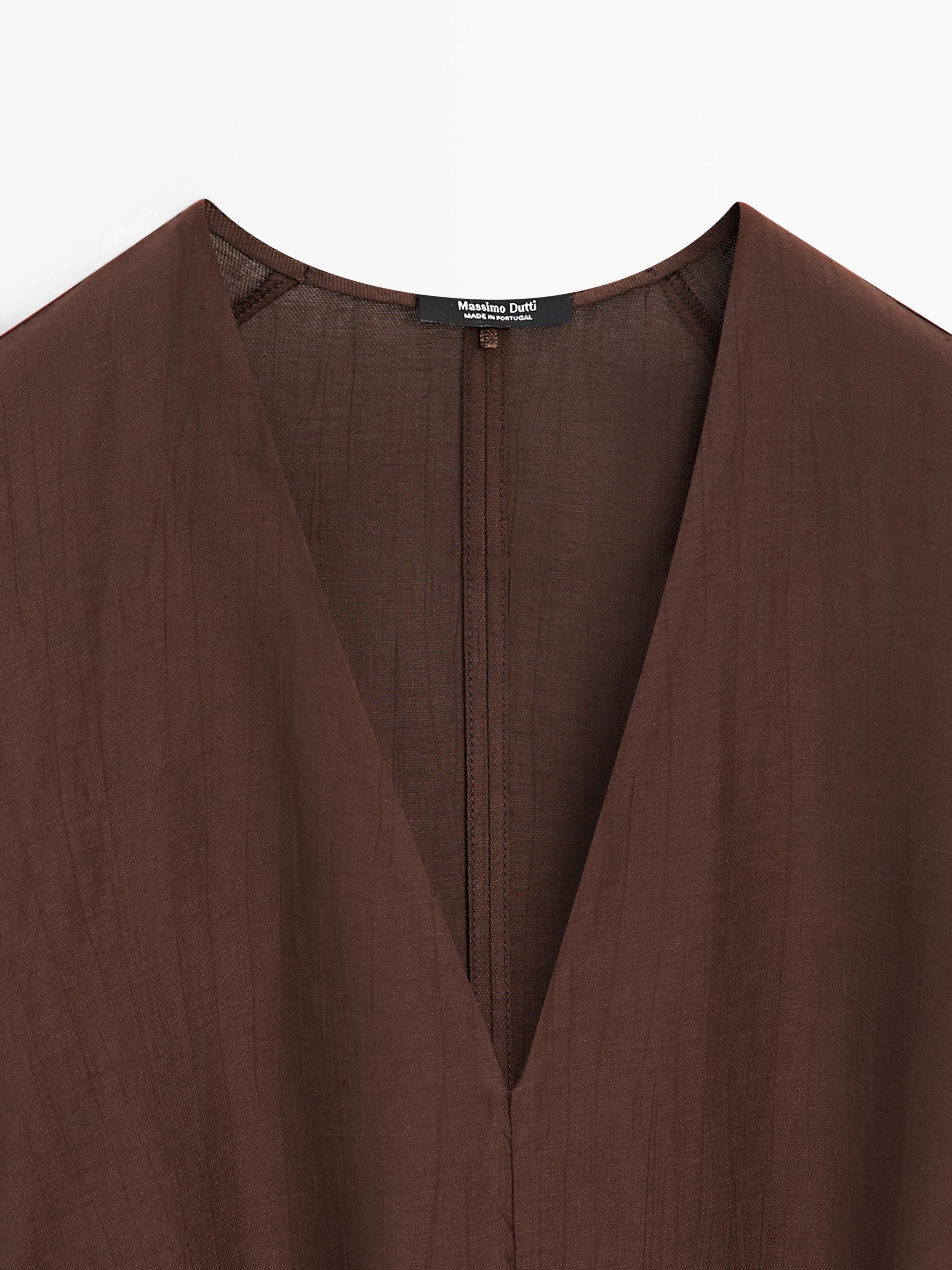 Keten kemerli dökümlü midi elbise