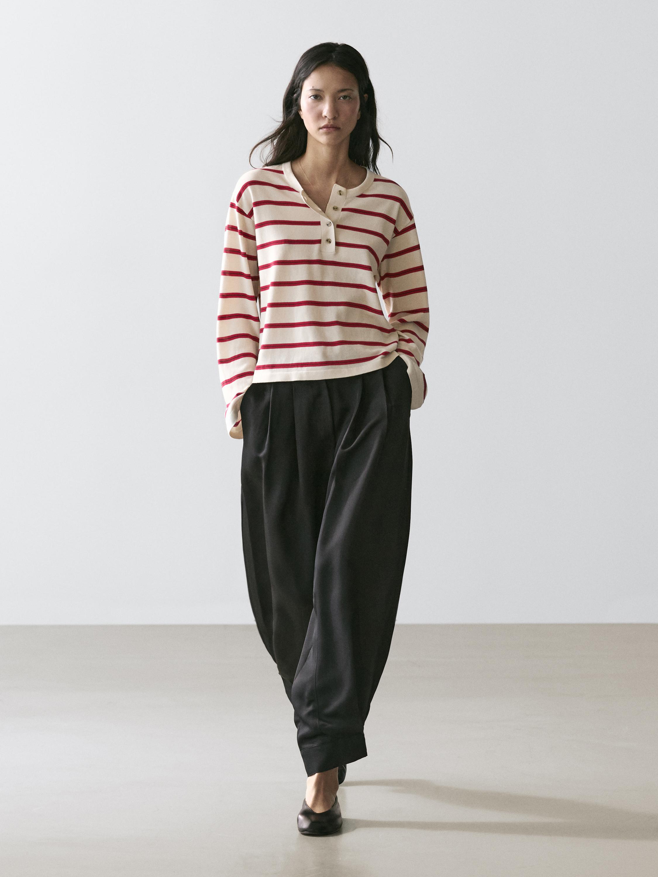 100% cotton striped knit henley sweater