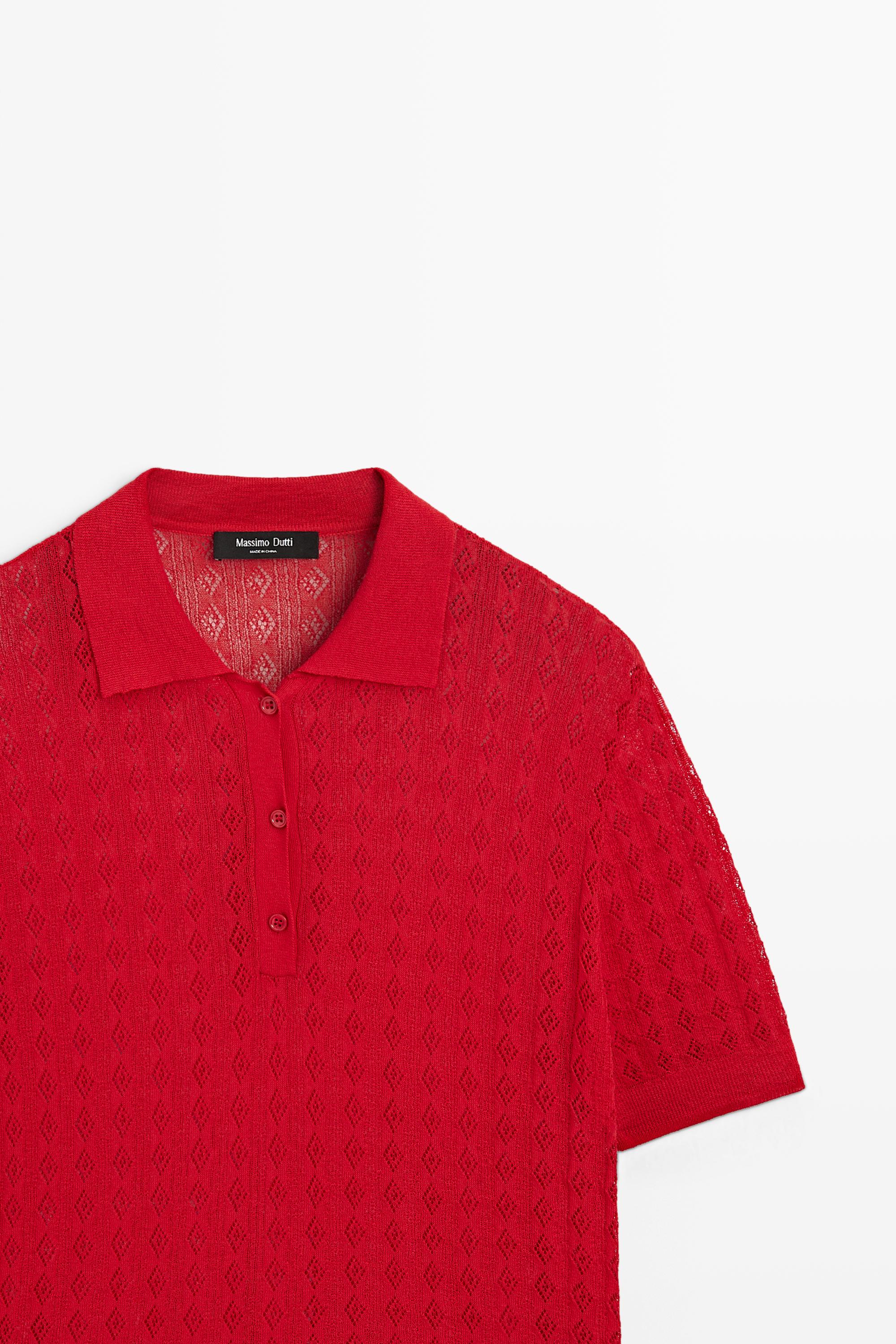 Open-knit polo sweater — RED