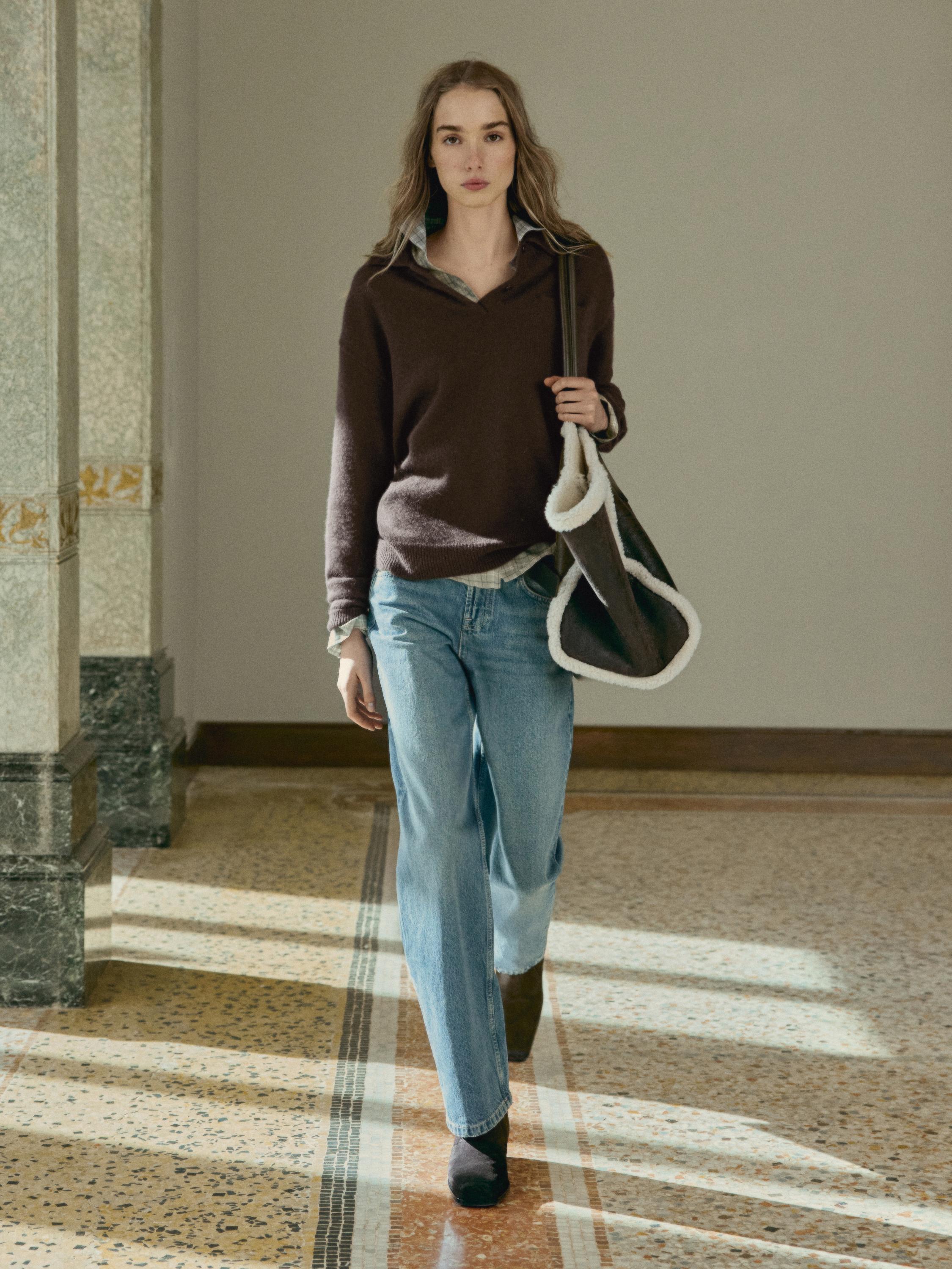 Buttoned mock turtleneck knit sweater — BROWN