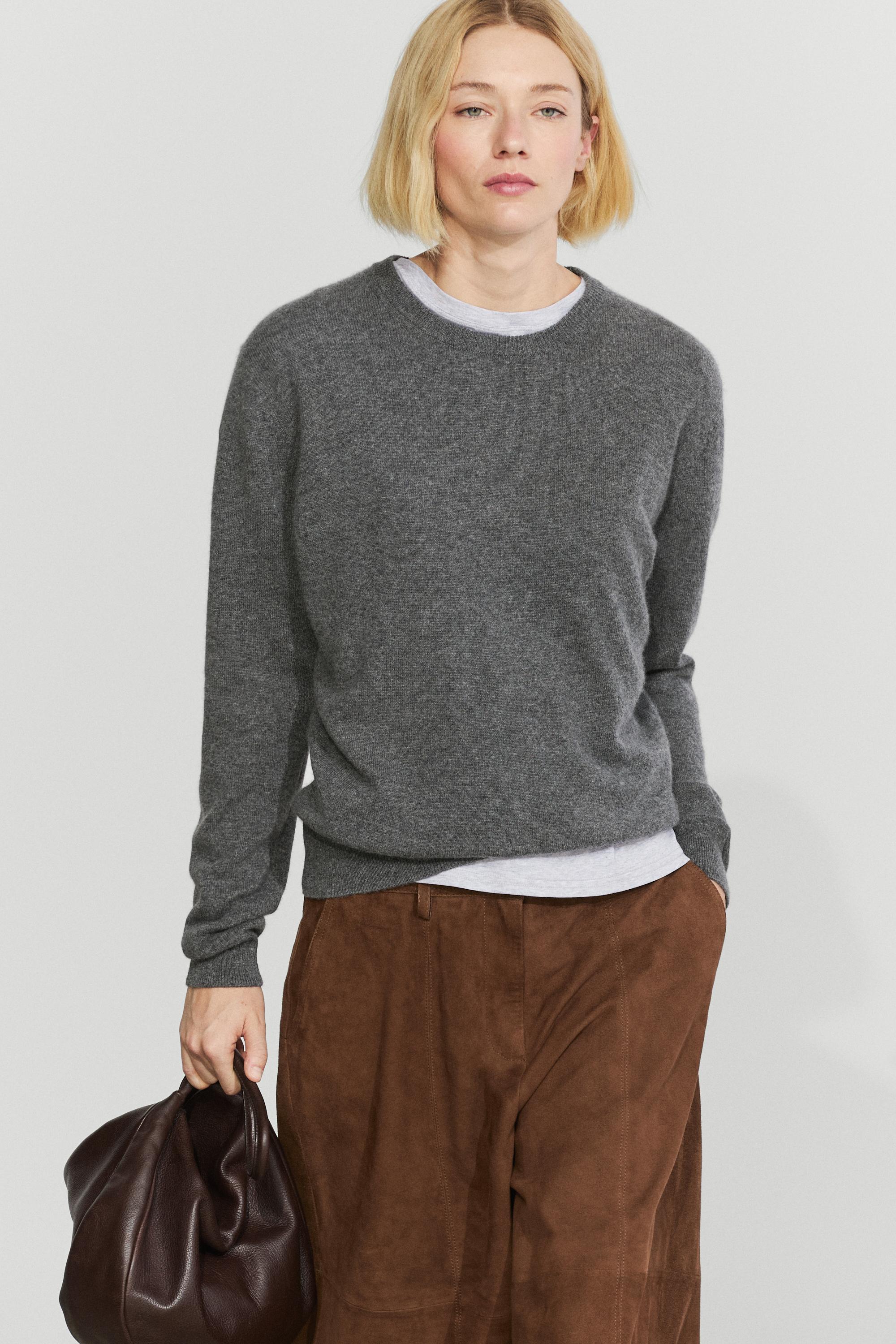 100% cashmere long sleeve sweater — GREY