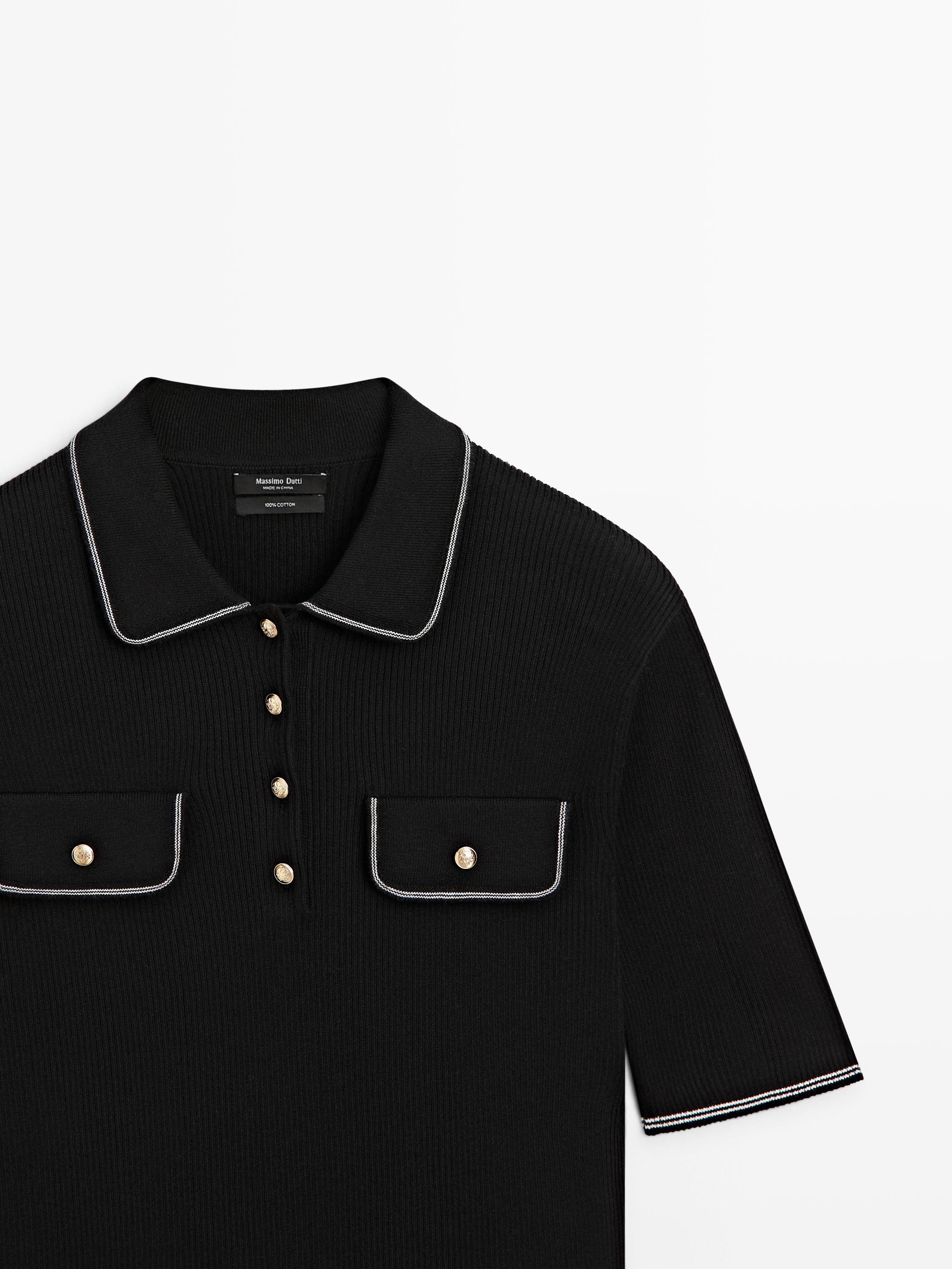 Cotton knit polo shirt with contrast detail — BLACK