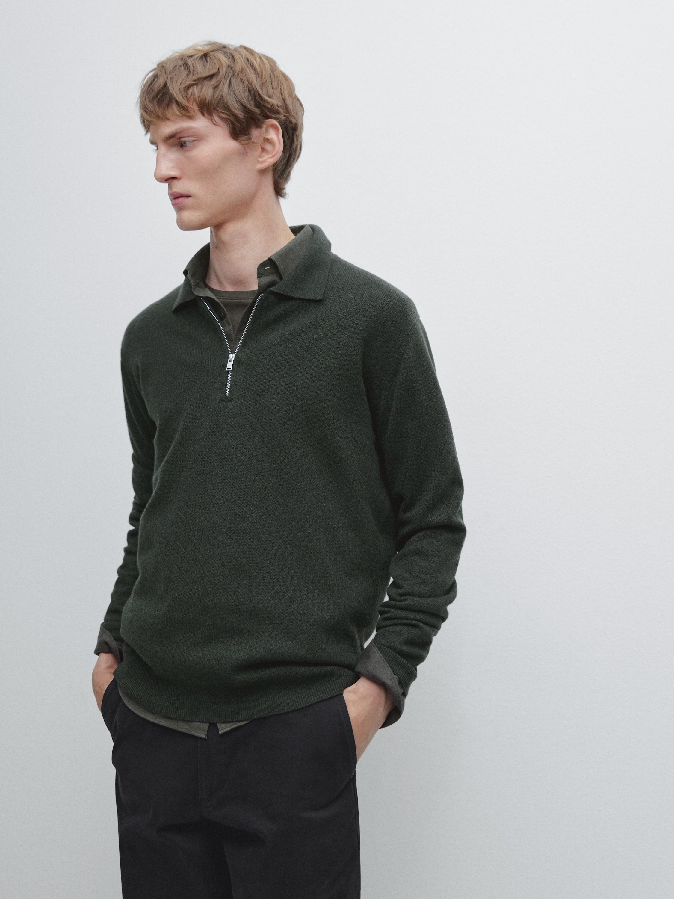 Knit wool blend polo sweater with zip
