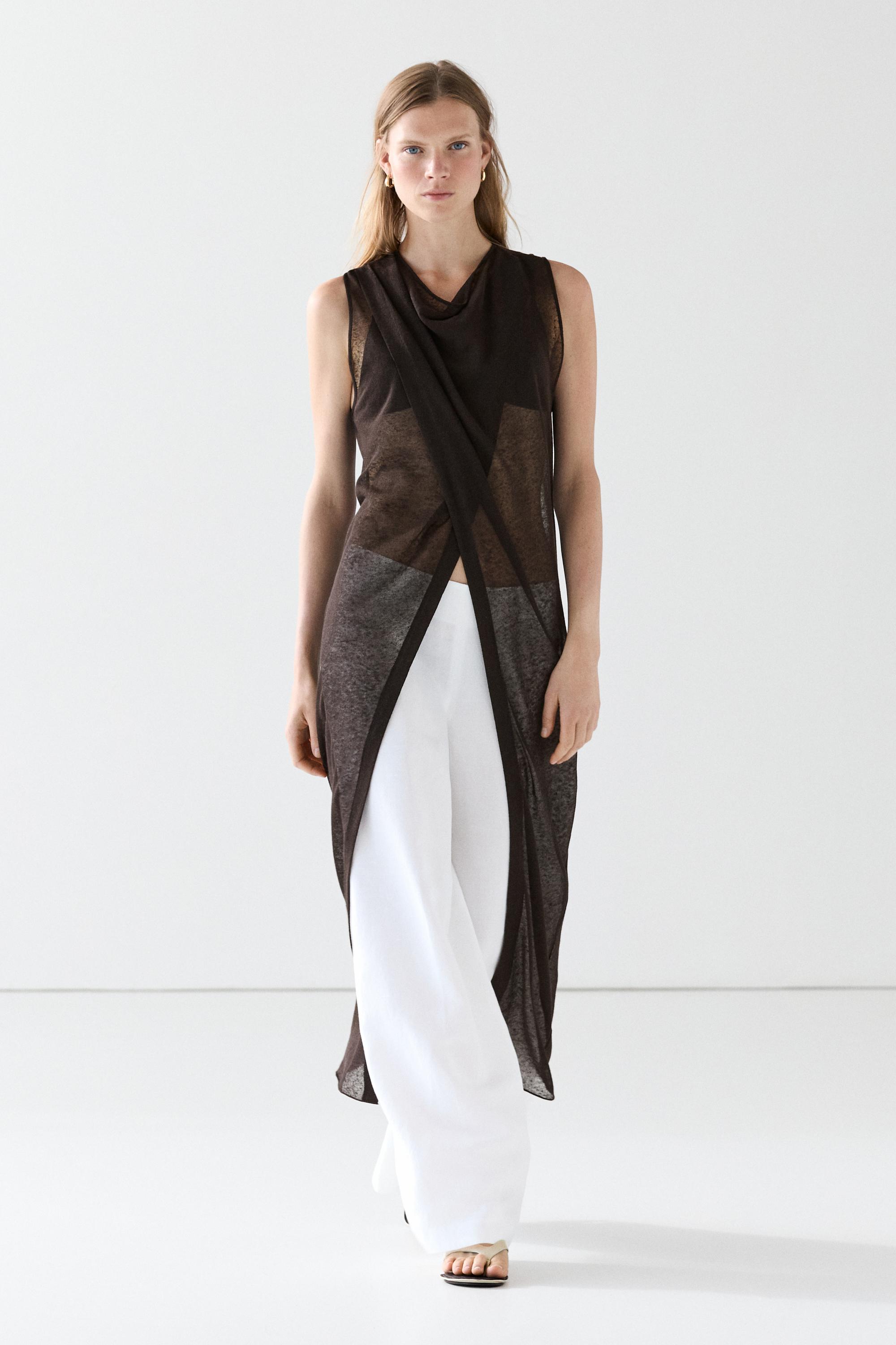 Linen blend crossover dress — BROWN