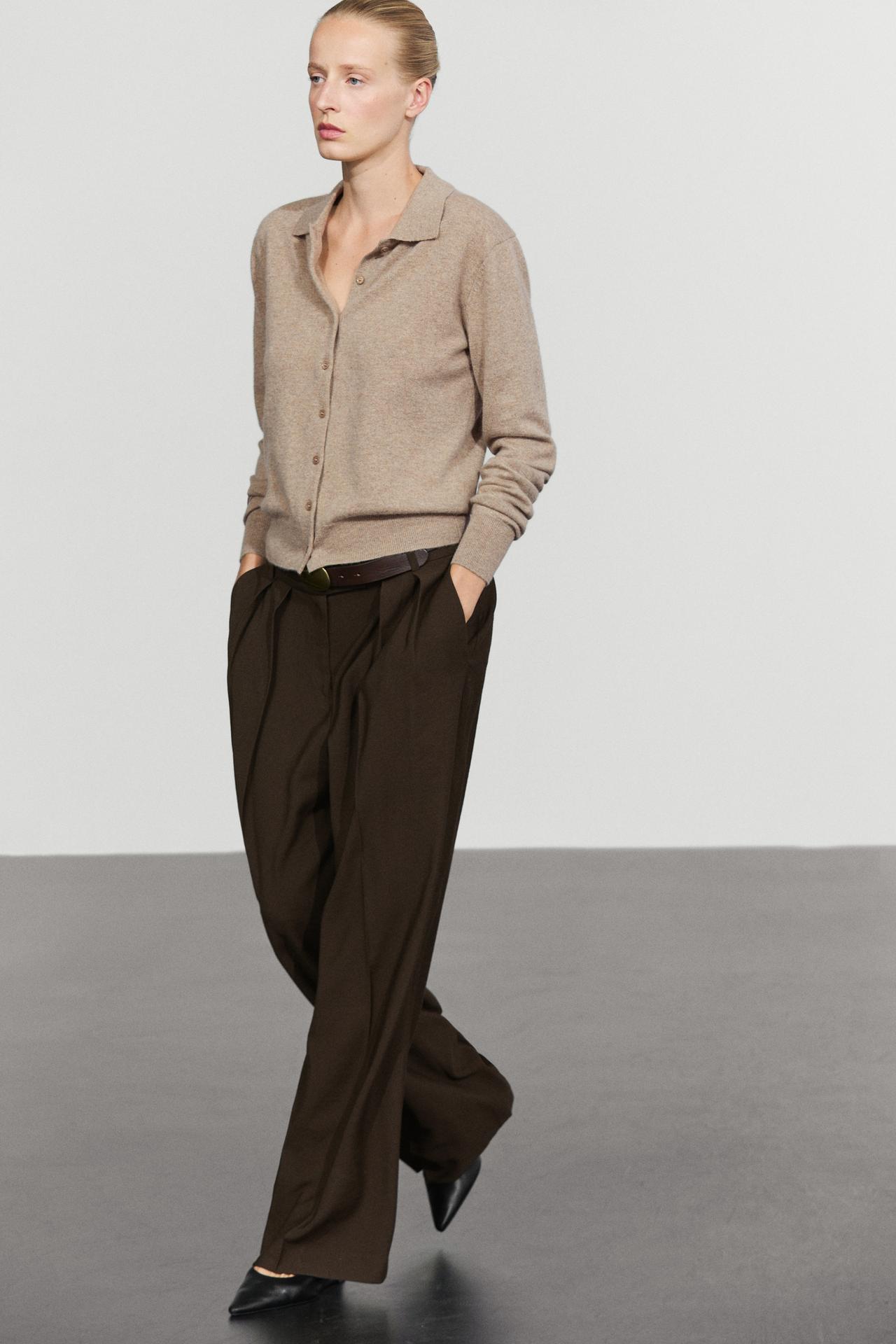 100% cashmere knit polo collar cardigan — MINK