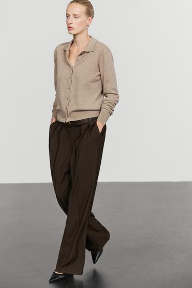 100% cashmere knit polo collar cardigan — MINK 5