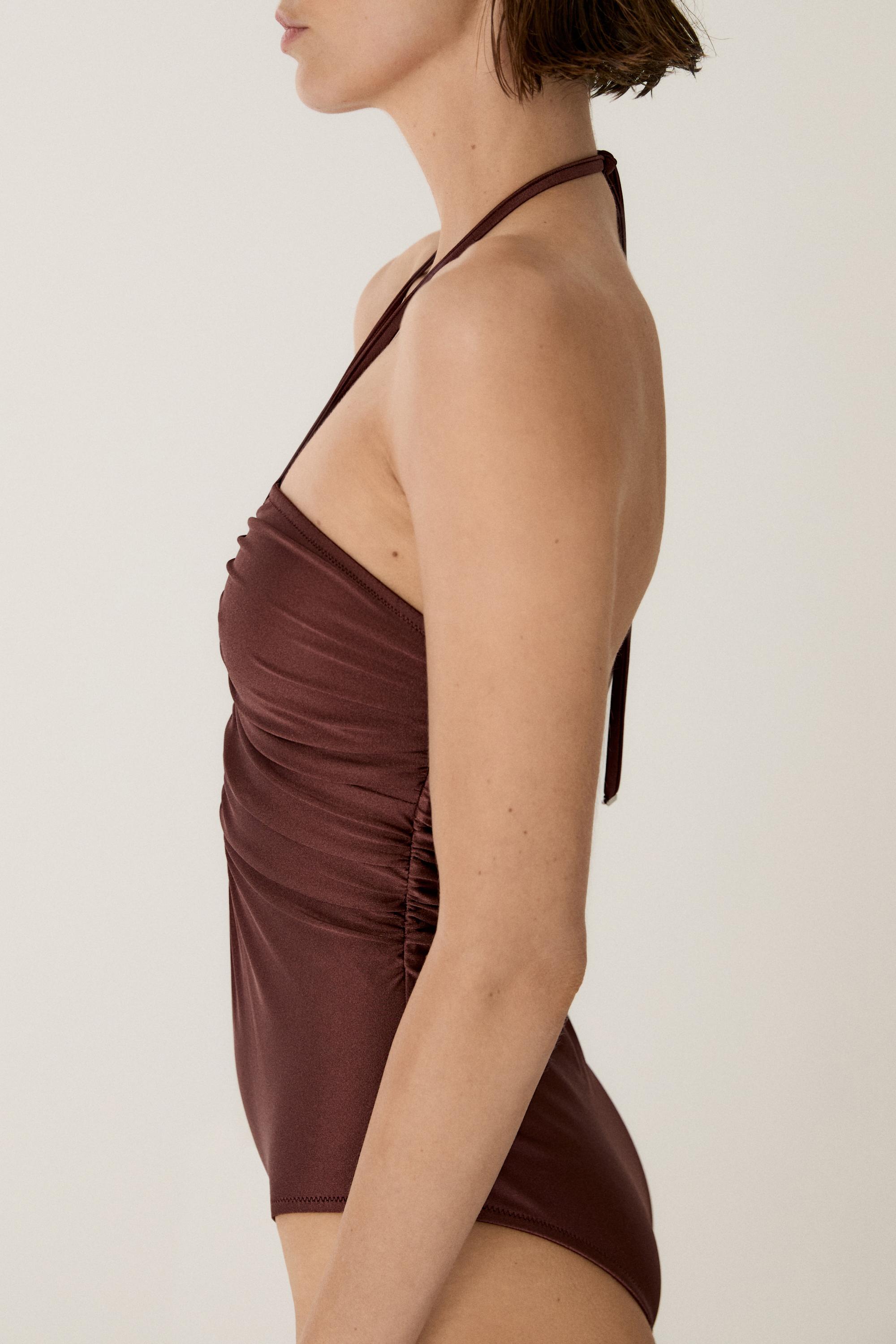 Shimmery halter swimsuit — BROWN