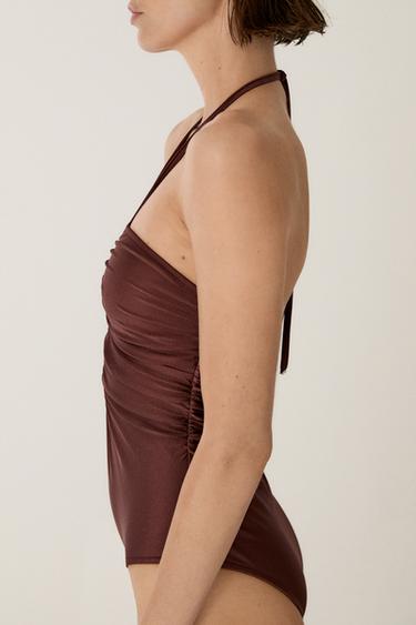 Shimmery halter swimsuit — BROWN 3