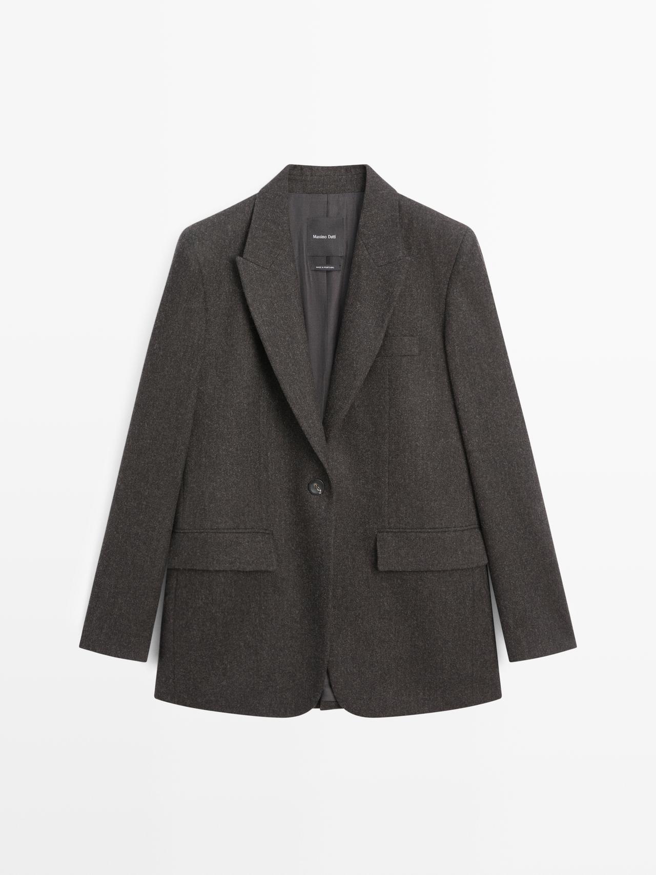 Massimo Dutti - Dame - Blazer I 100% Uld-Flannel Med Revers - Chokolade - 38