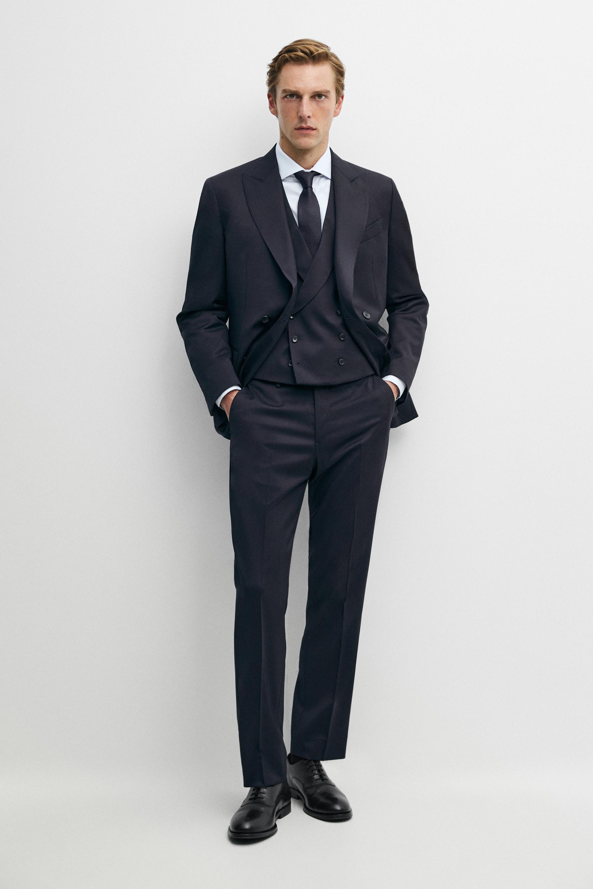 100% cool wool double-breasted suit blazer — NAVY BLUE