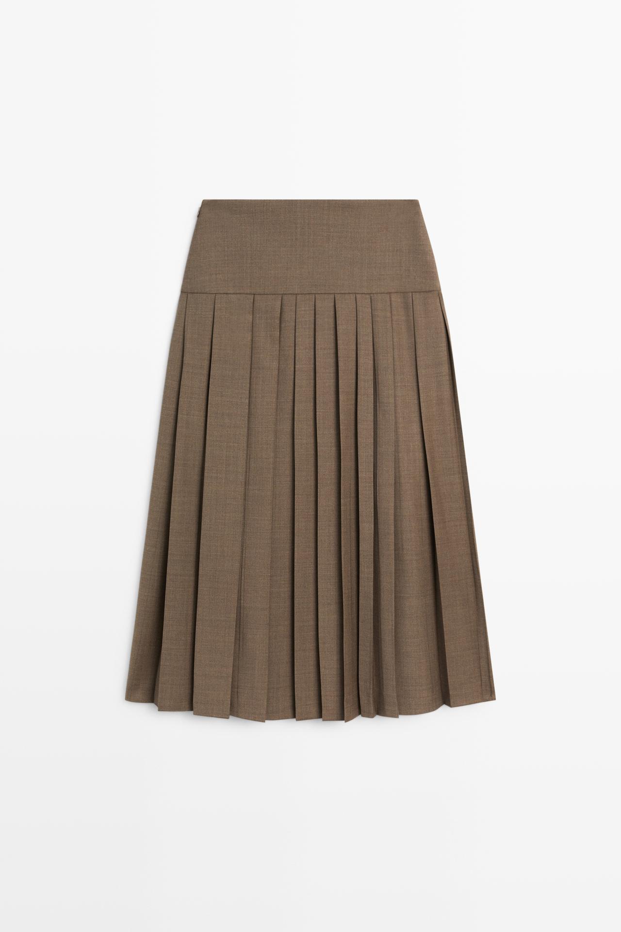 Pleated wool-blend midi skirt — BROWN