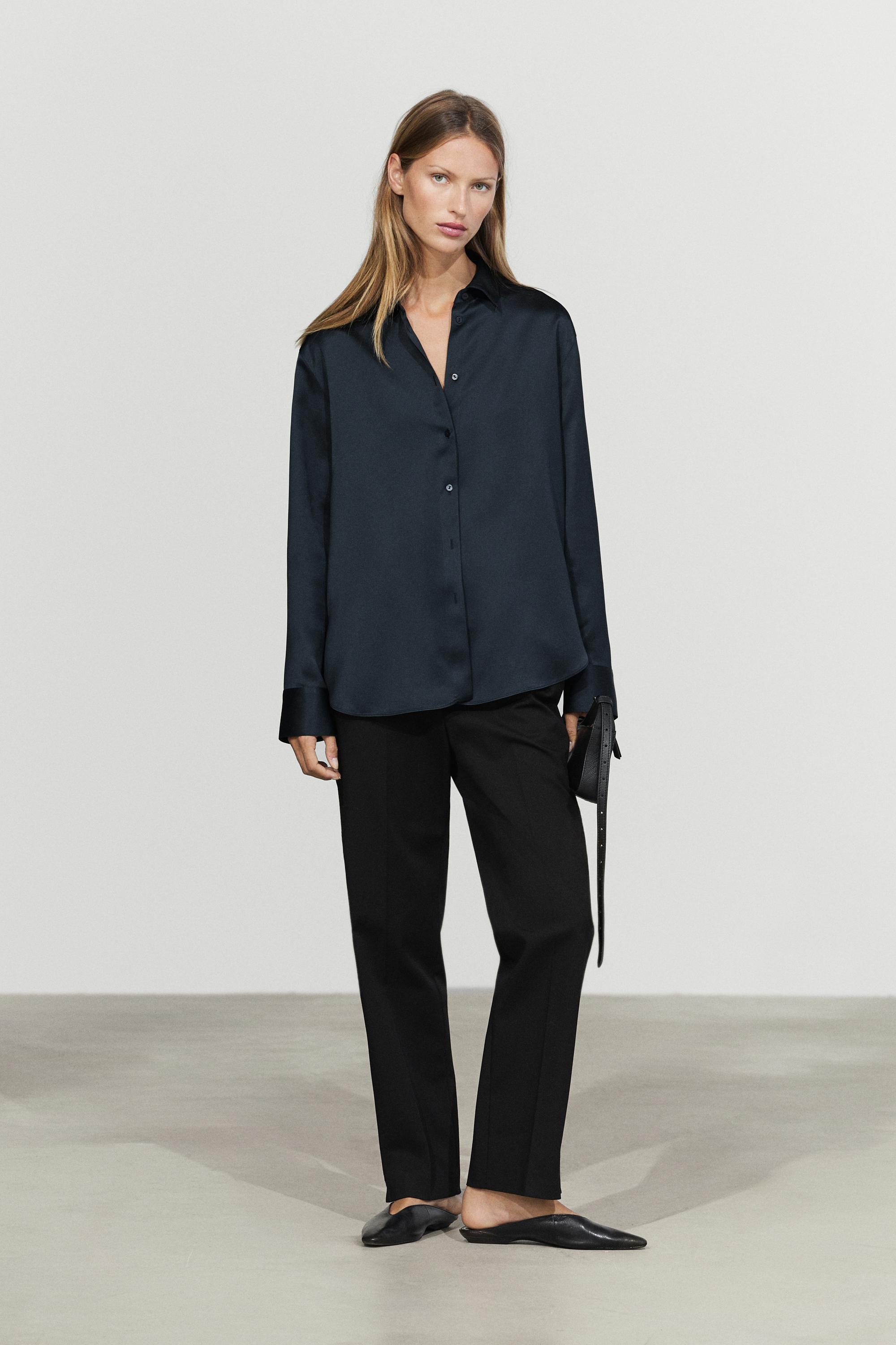navy blue dress shirts for women Xirena Beau Poplin Shirt Large / Navy Blue creating a streamlined silhouette Crafted from lightweight cotton with a hint of stretch for extra comfort 3/4 Sleeve Oxford EZ Care