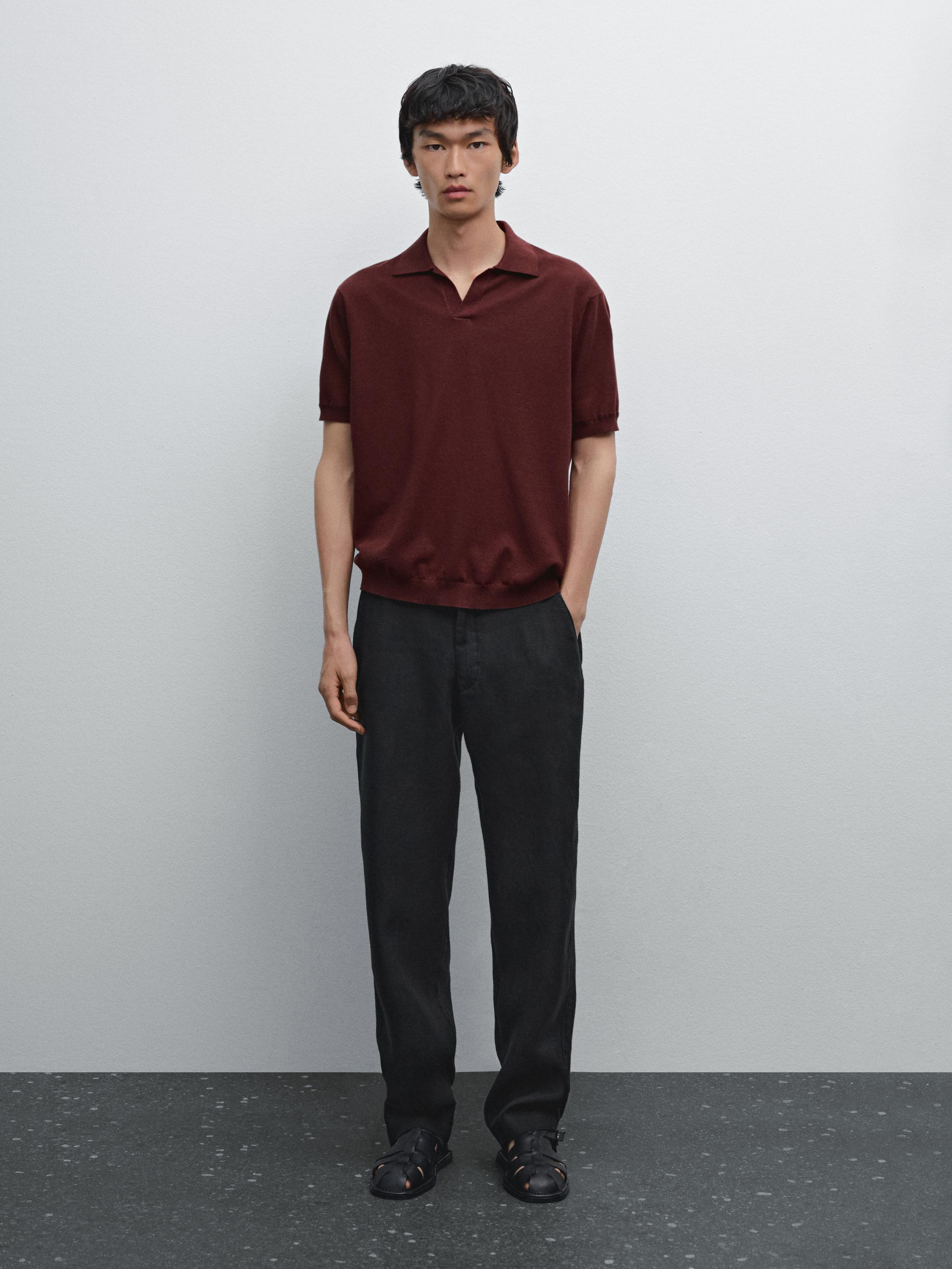 V-neck knitted polo shirt with linen