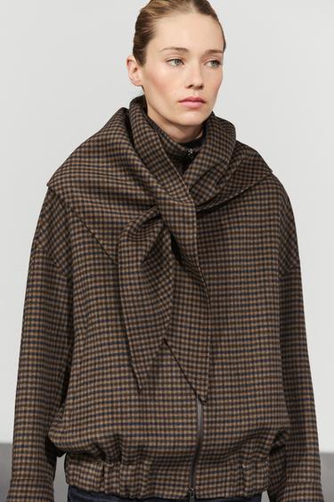 Gingham bomber jacket with removable scarf — BROWN 5