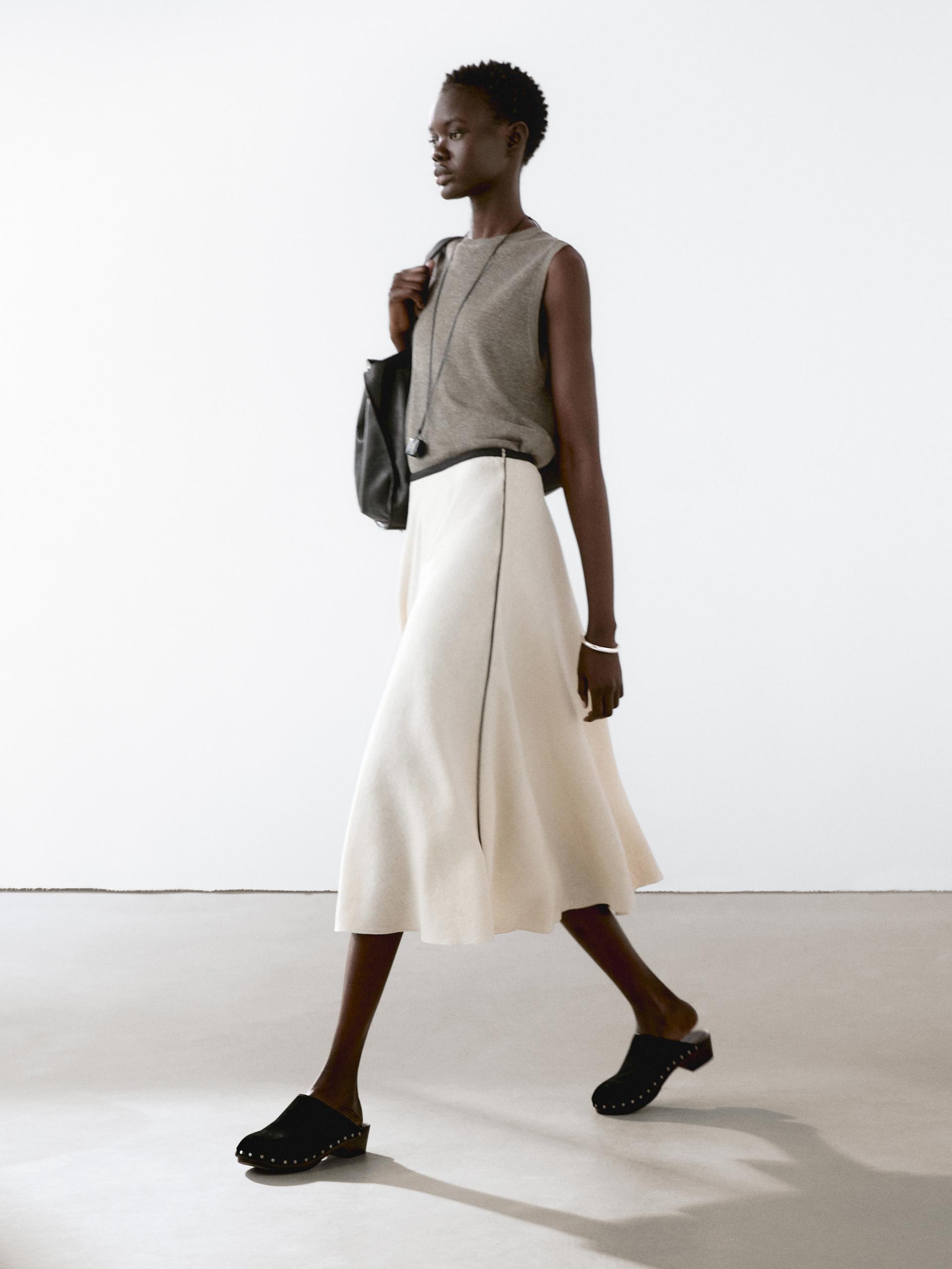 Gonna Midi A Balze 100% Lino - Pietra - 40 (It 44) - Massimo Dutti - Femminile