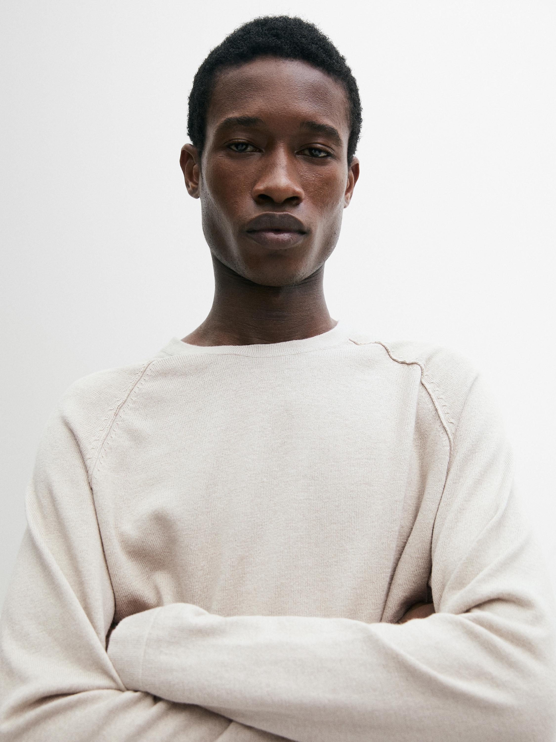 Linen blend knit crew neck sweater — BEIGE