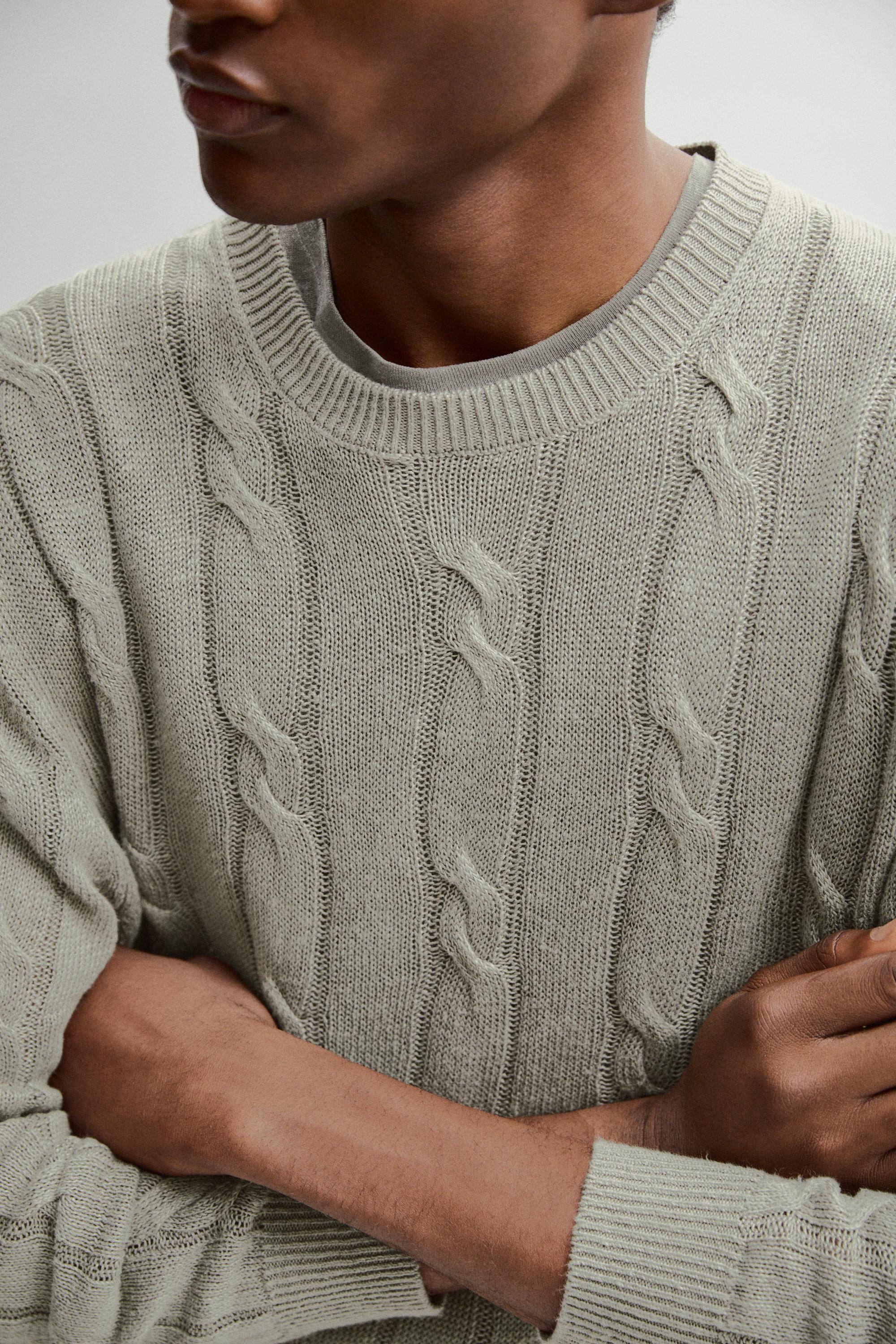 100% linen cable-knit sweater — PALE KHAKI