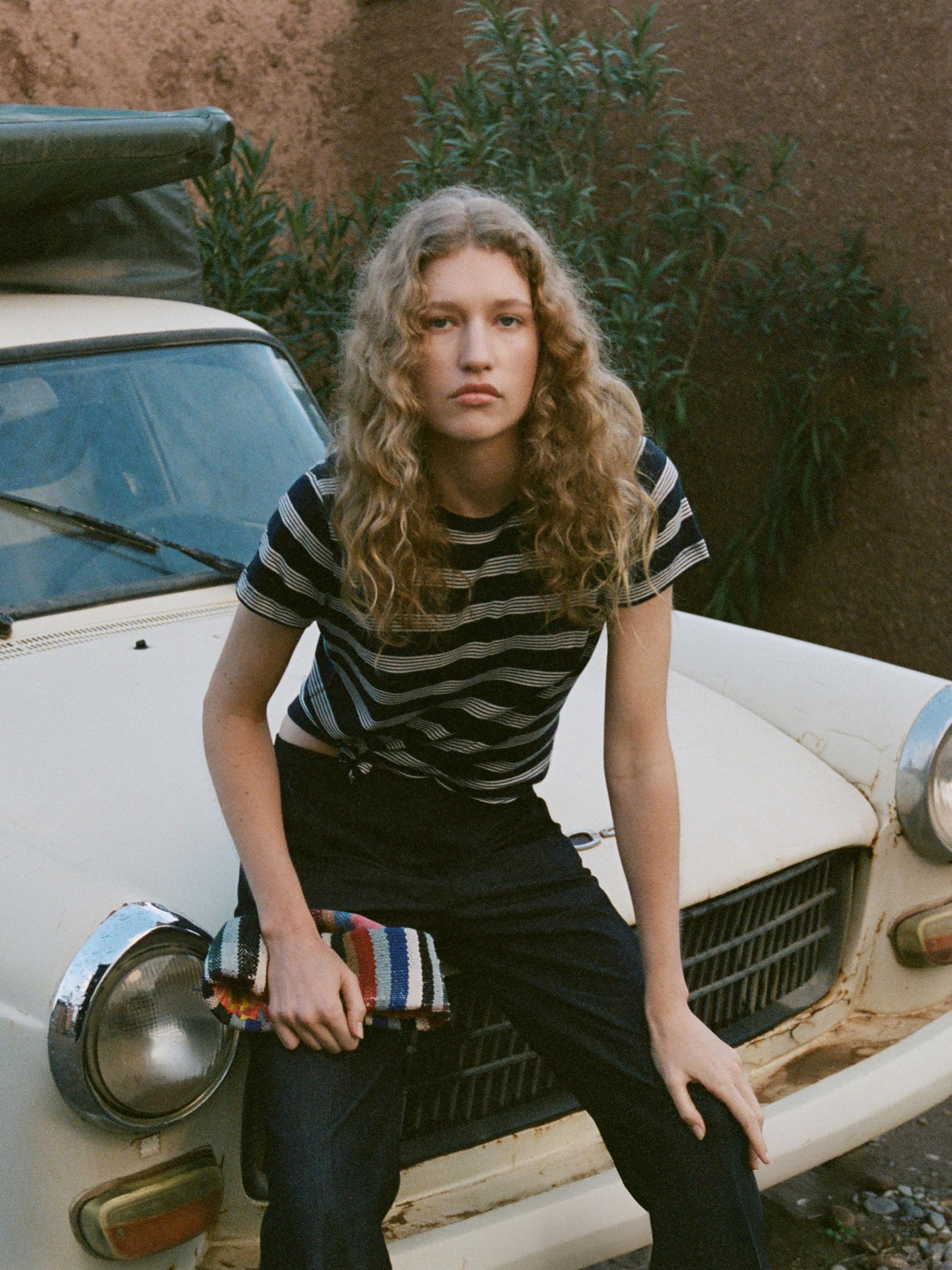 Denim-effect flared trousers — BLACK