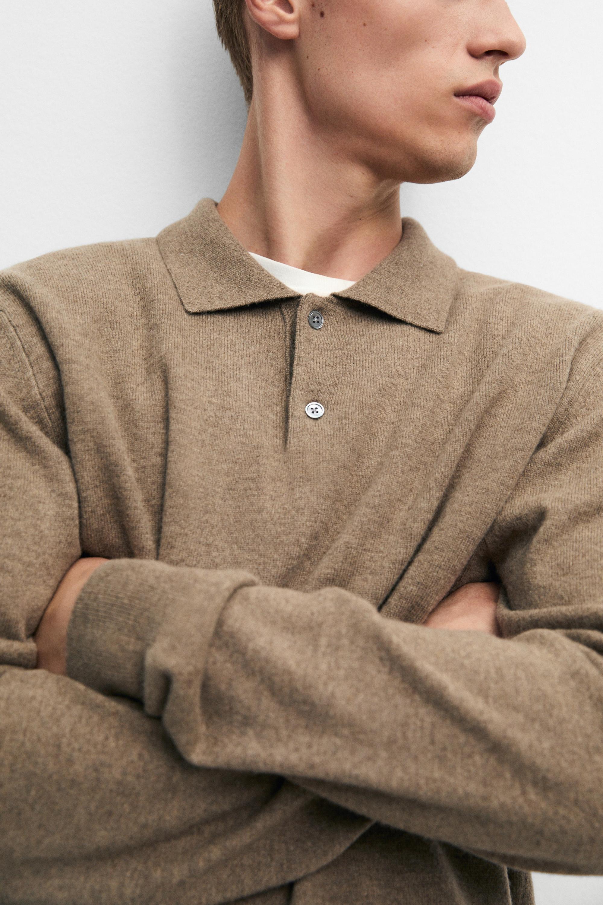 Wool blend knit polo sweater — KHAKI