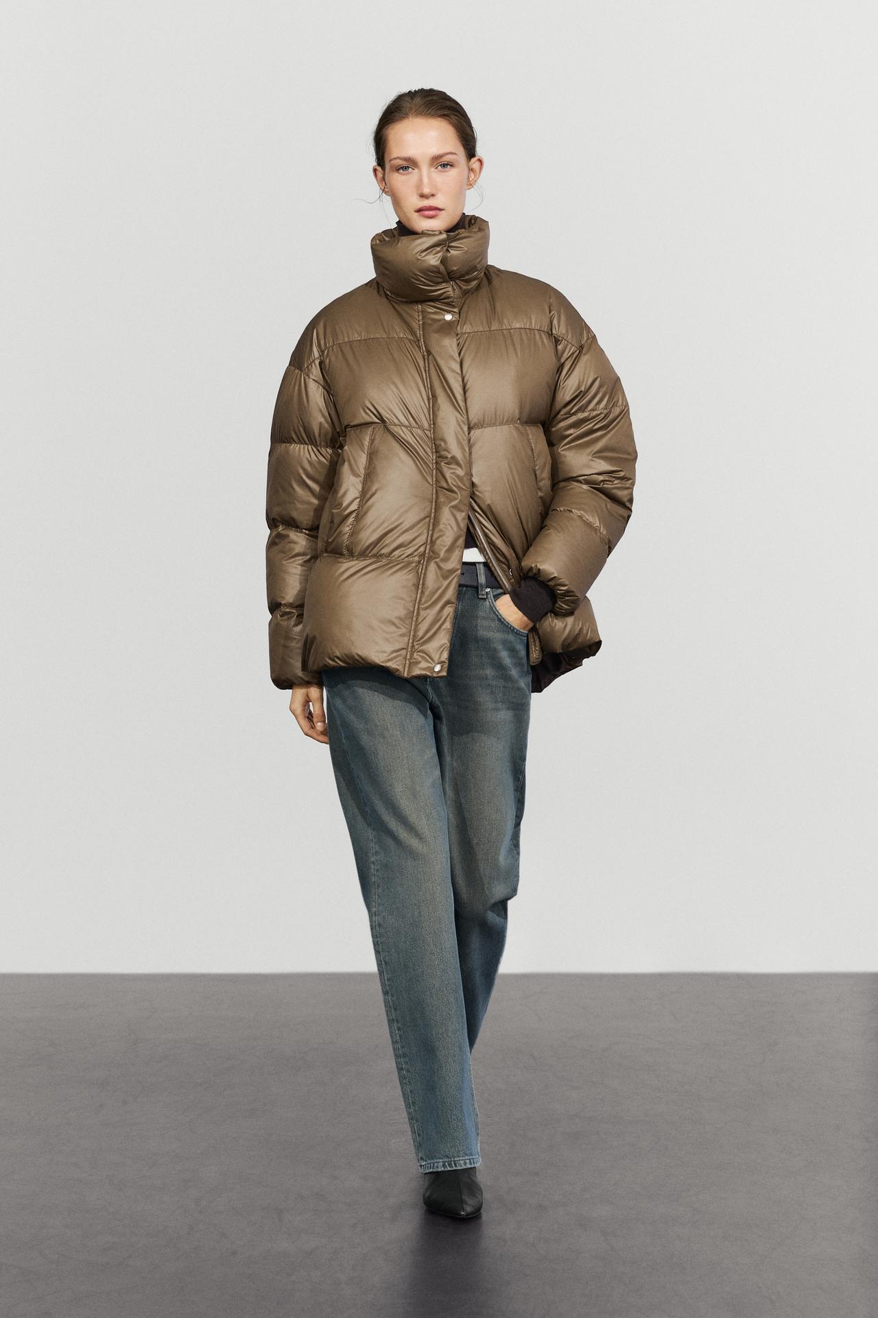 Down jacket with plaid interior detail — CAMEL