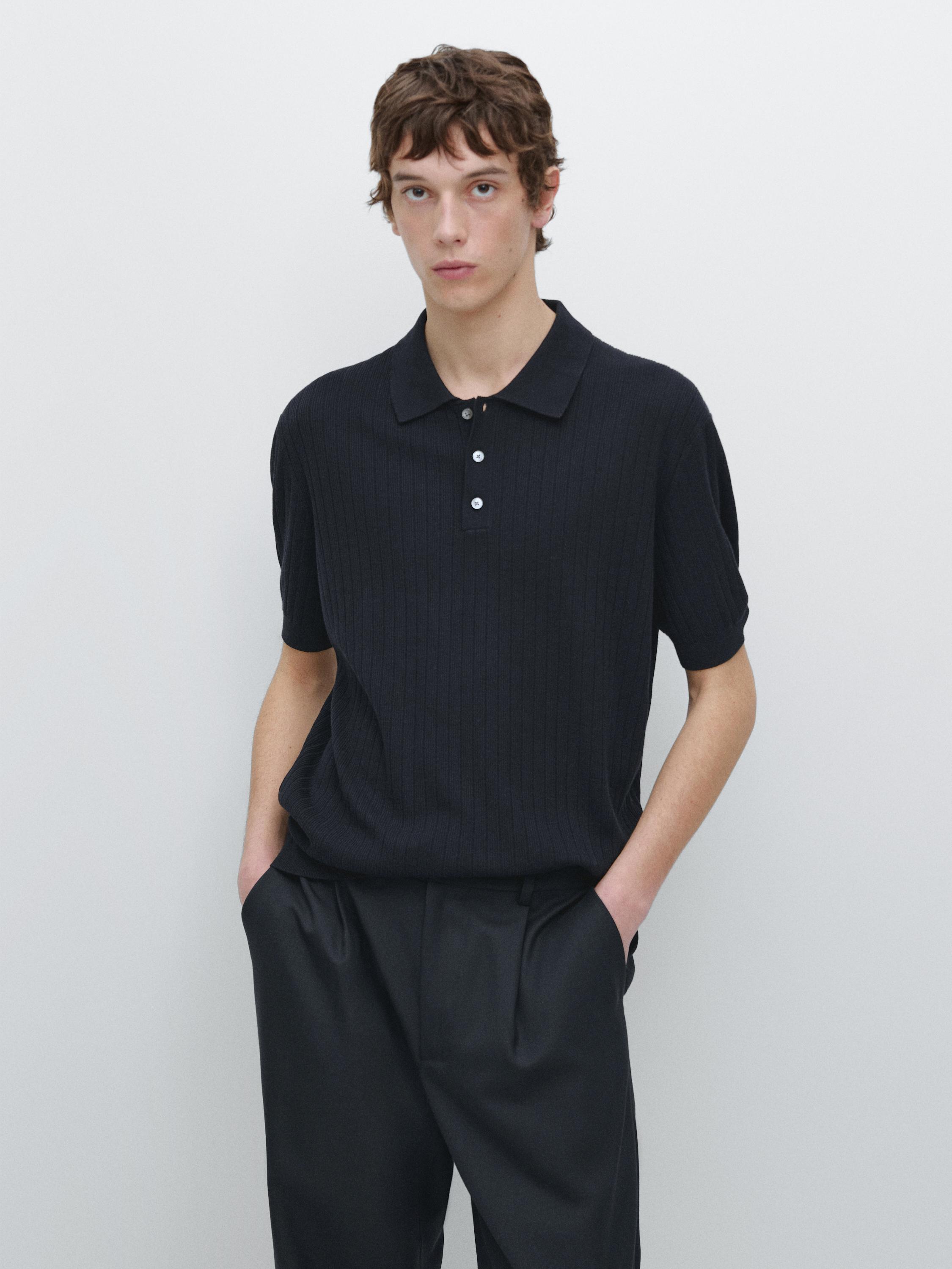 Ribbed knit cotton polo shirt