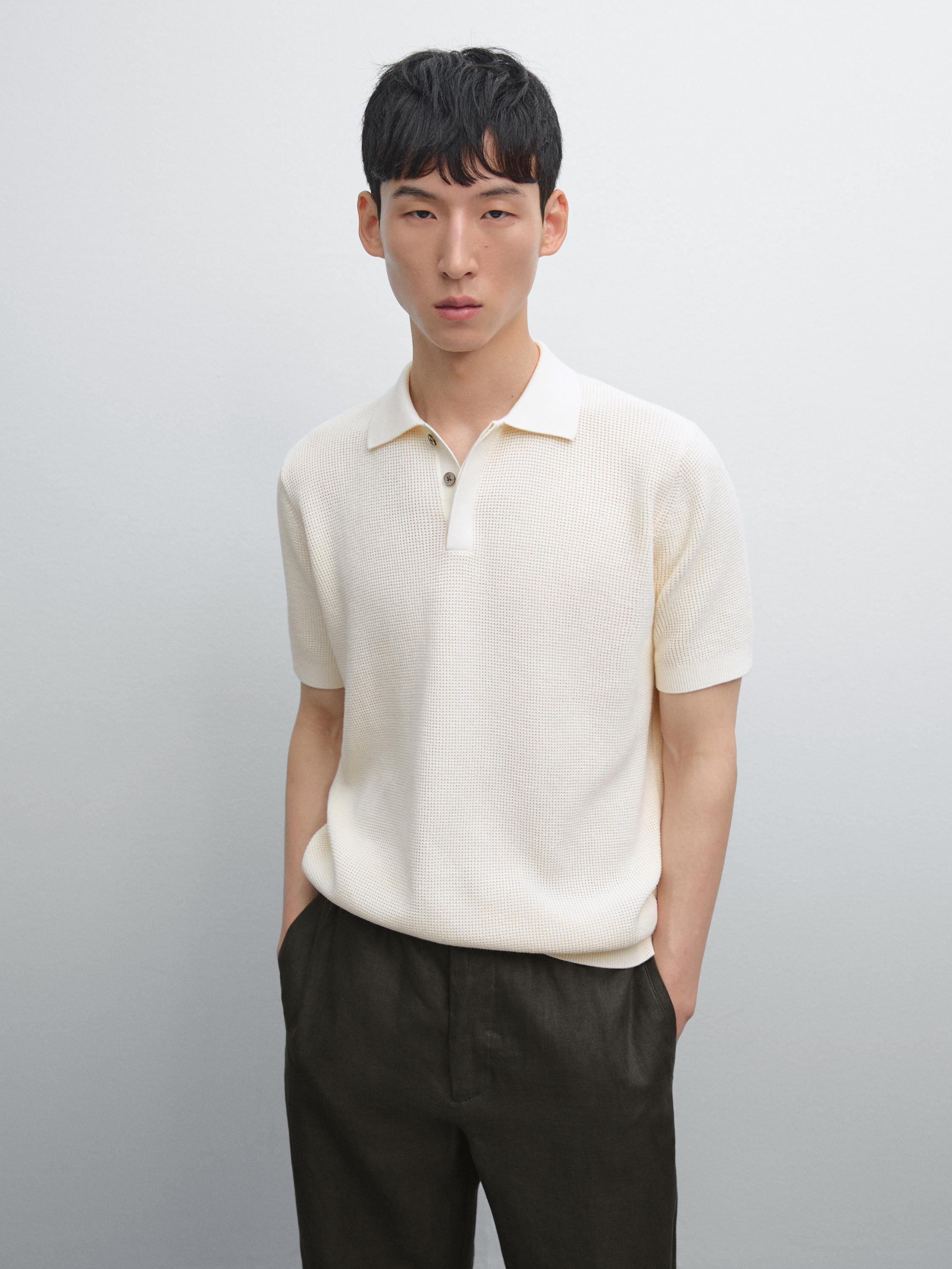 Textured cotton knit polo shirt