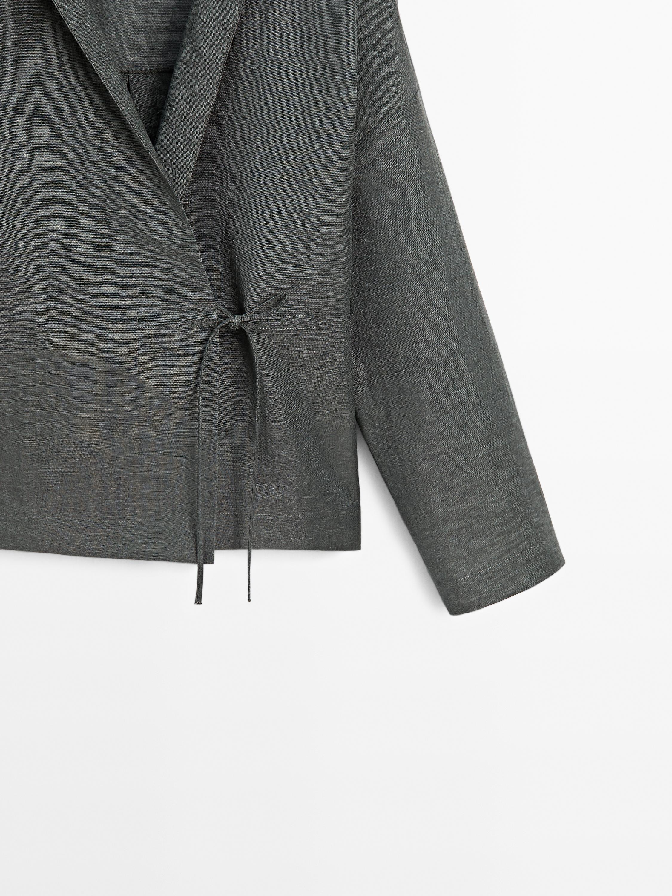 Short linen blend overshirt with lapel collar