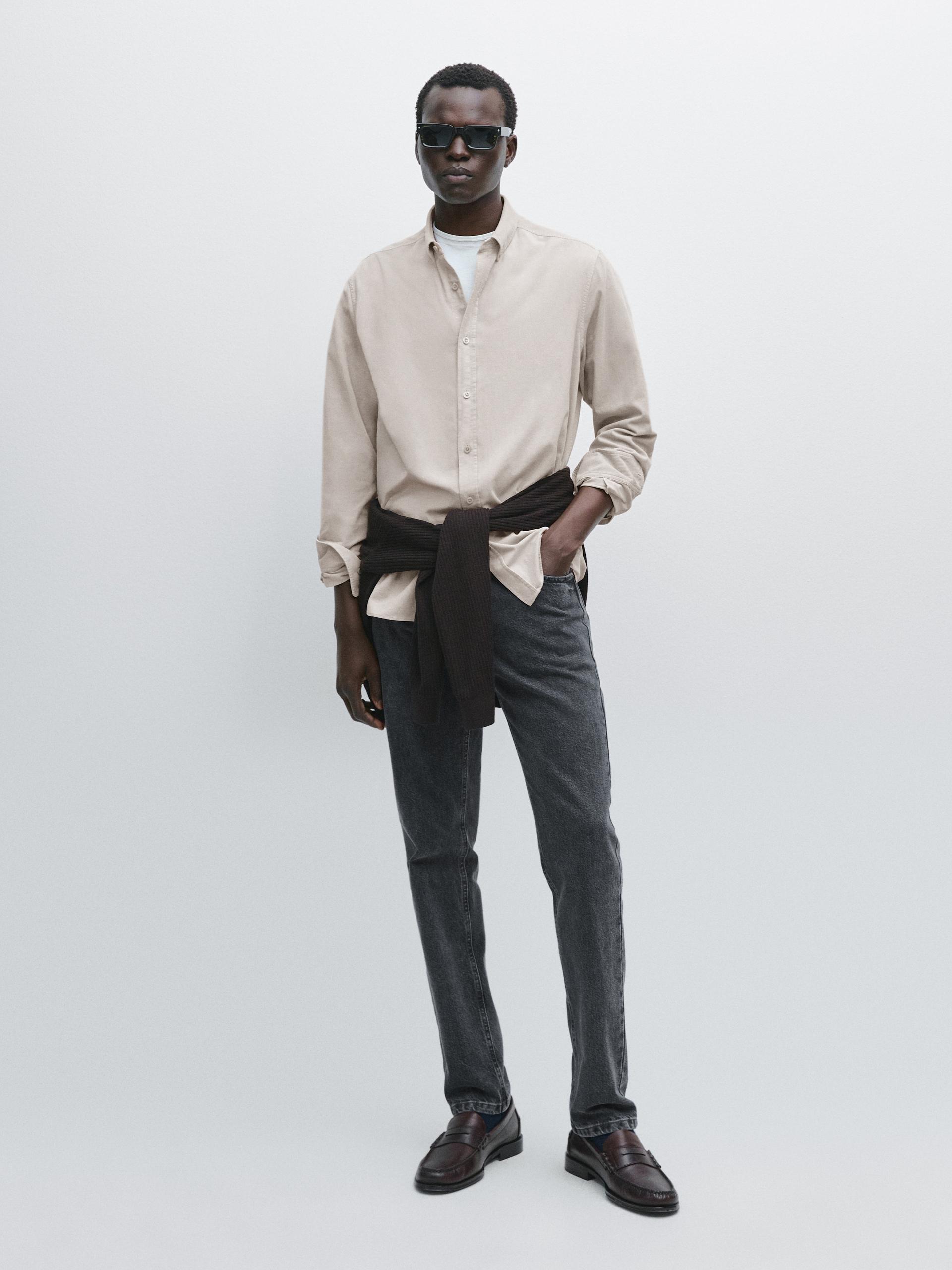 Koszula Z Mikrosztruksu Regular Fit - Piaskowy - Xl - Massimo Dutti - Mężczyzna