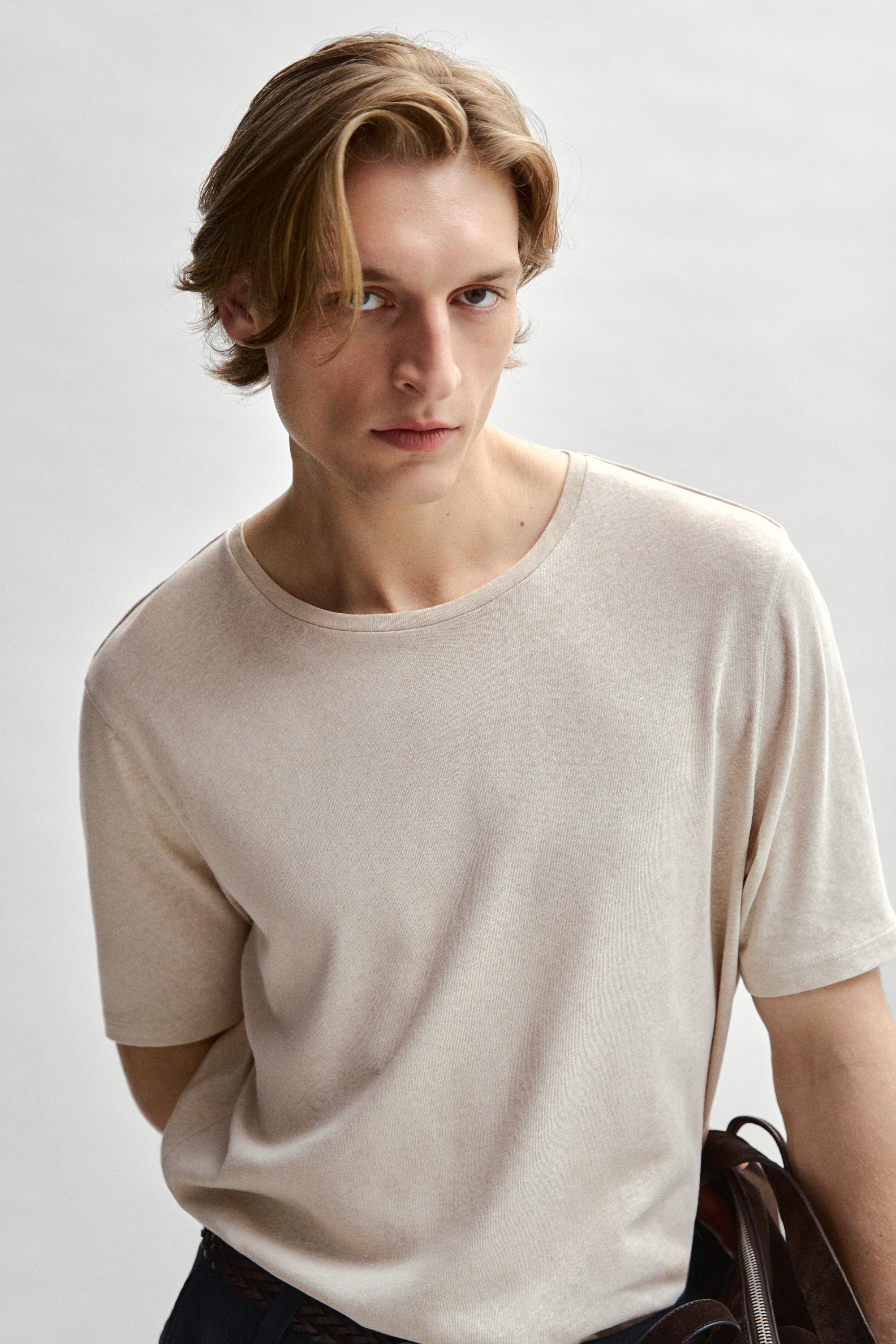 Short sleeve linen and cotton T-shirt — BROWN