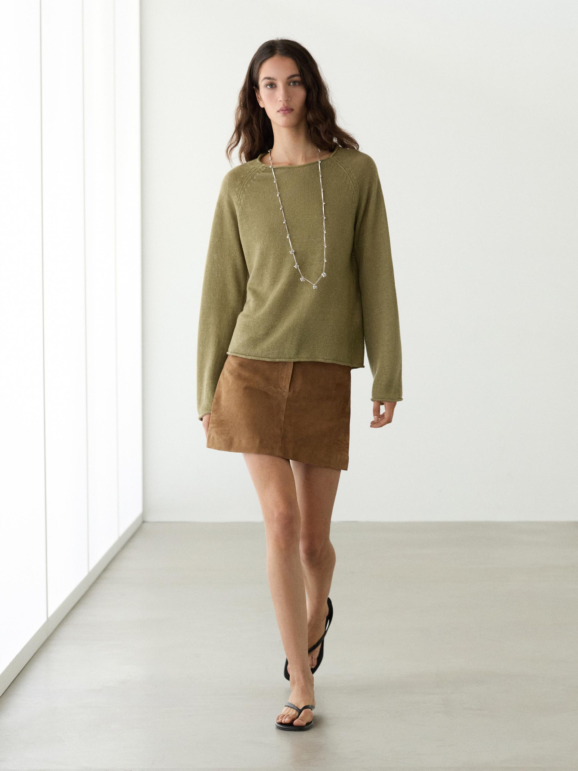 Pull En Maille 100 % Lin À Col Rond - Vert - S - Massimo Dutti - Femme