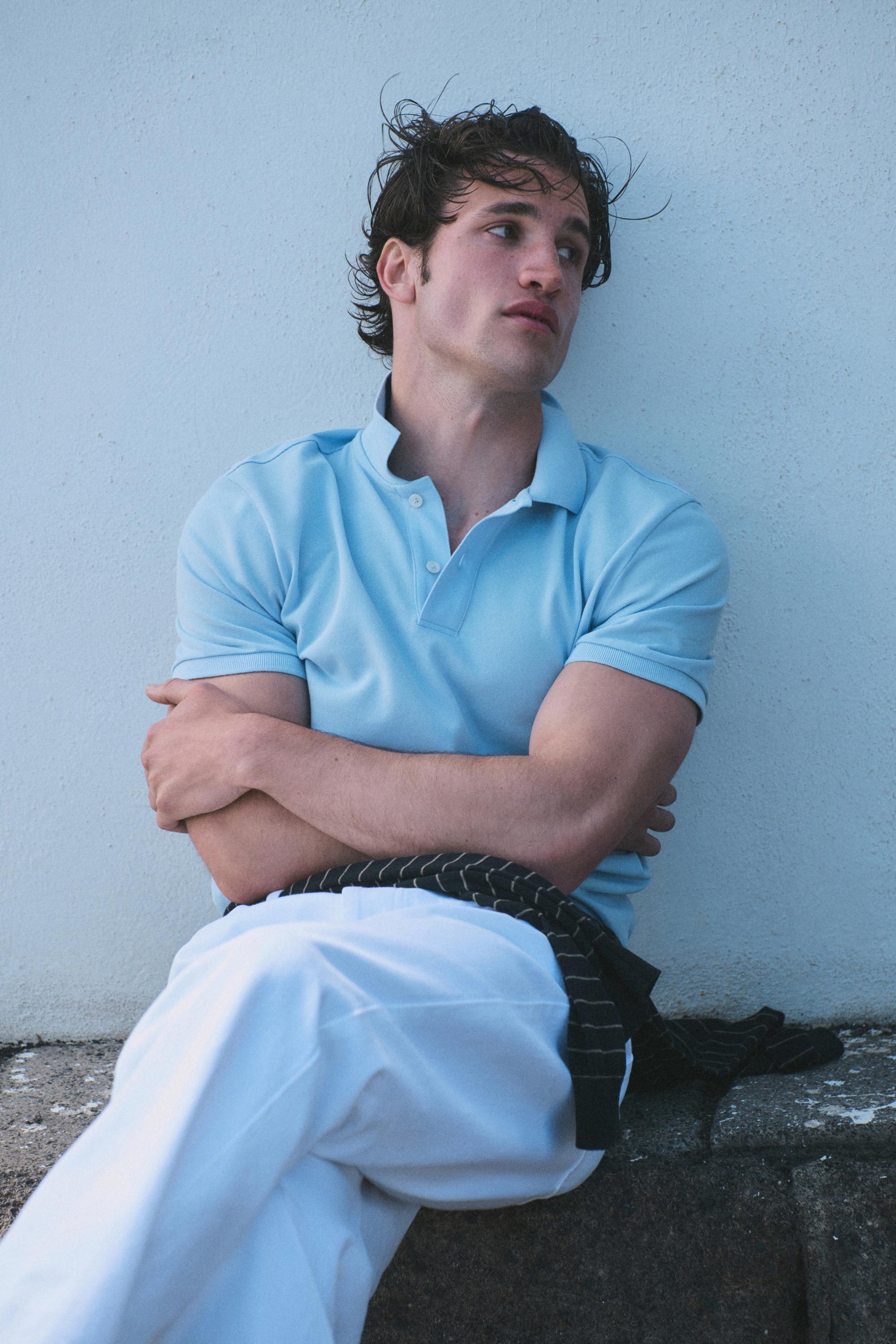 Micro-textured cotton piqué polo shirt — Light Blue