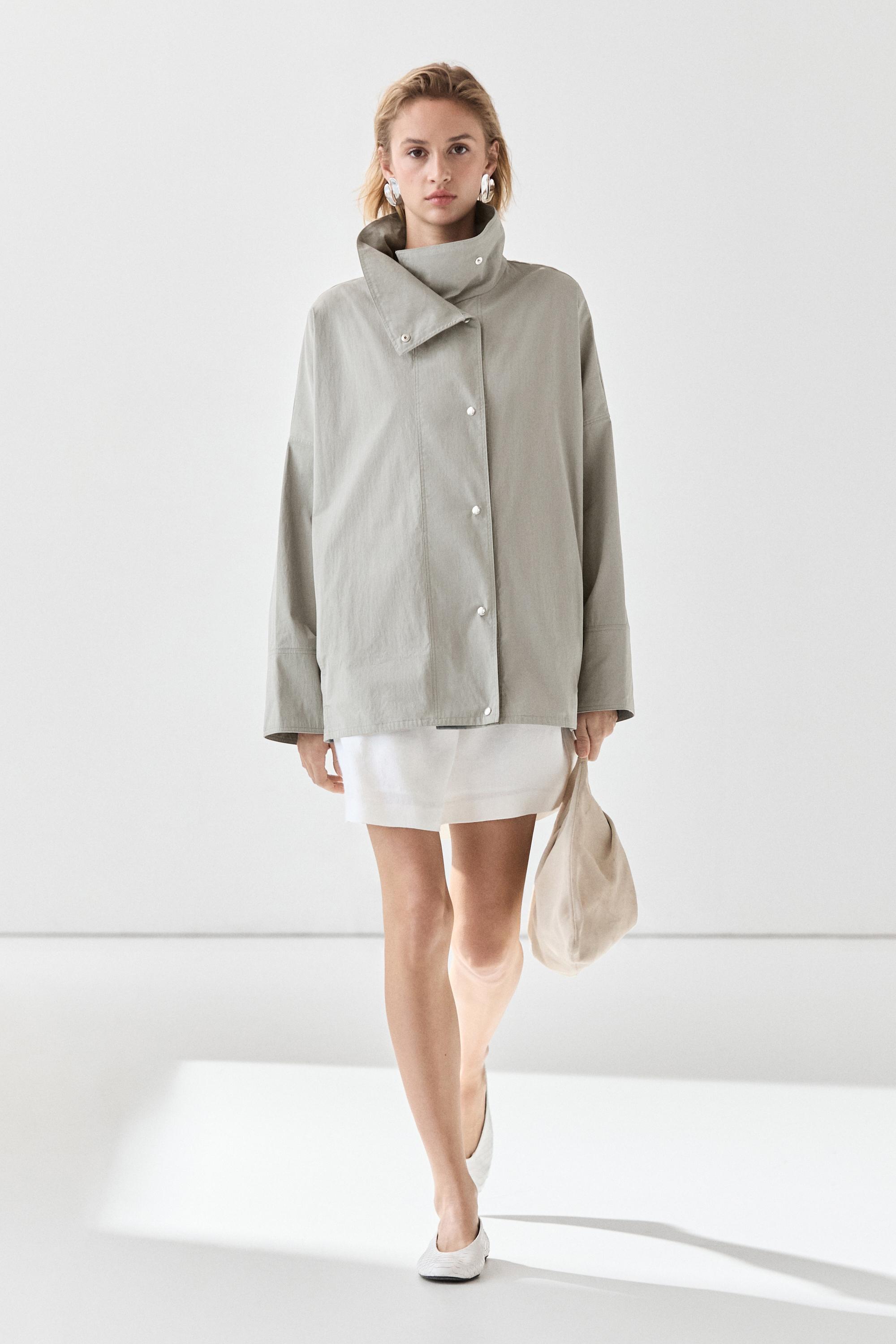 Cotton blend high neck jacket — BLUISH GREY