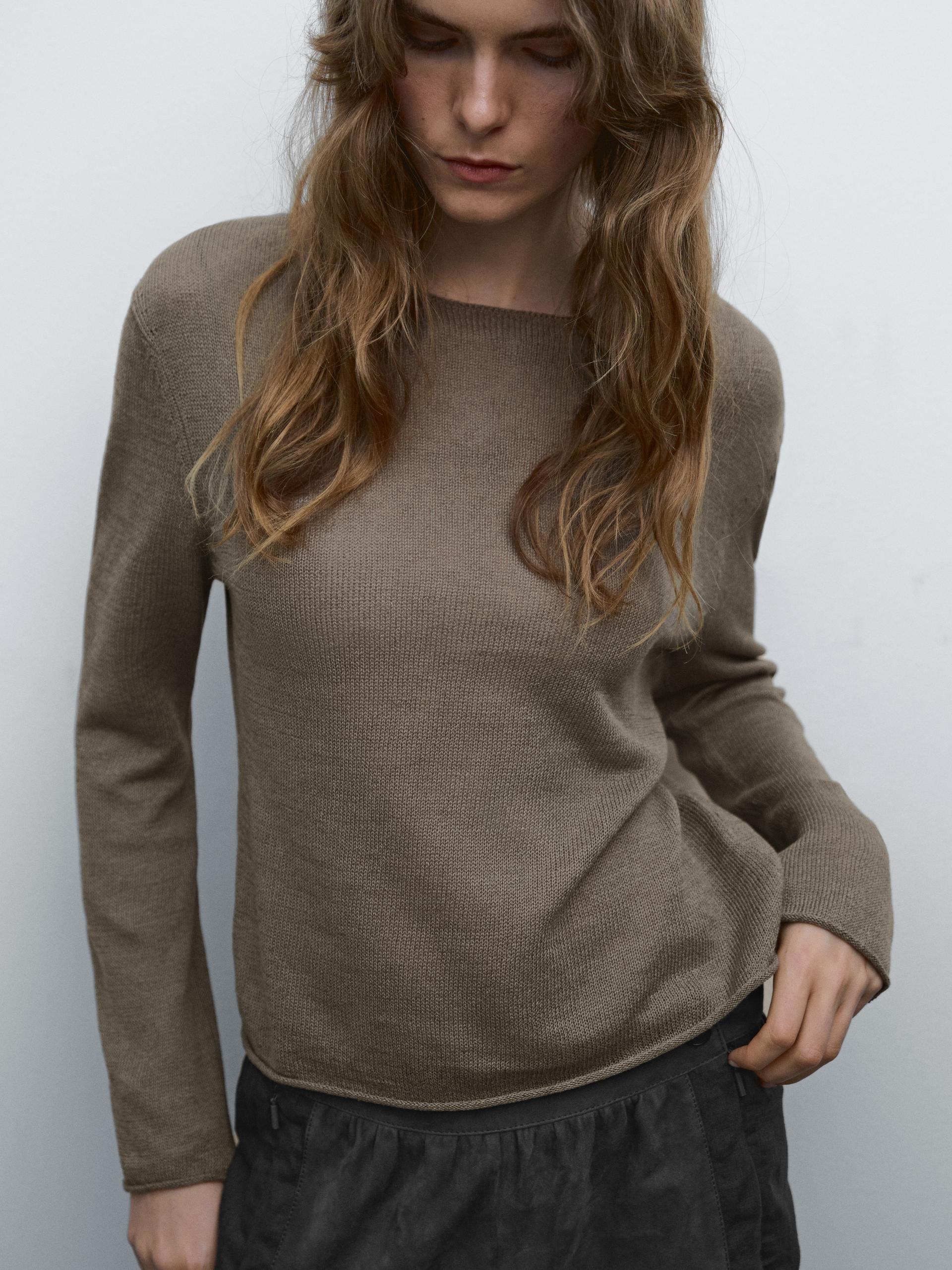 Pull En Maille Ajourée De Lin Mélangé - Verdâtre - Xl - Massimo Dutti - Femme