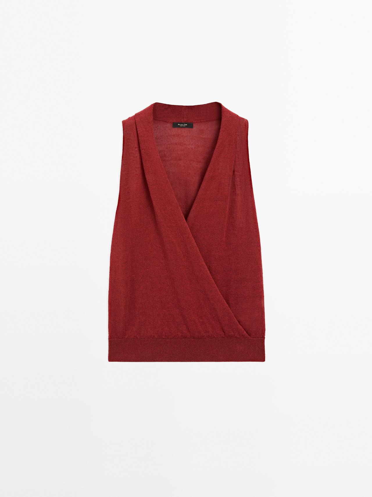 Massimo Dutti - Dame - Halterneck-Top I Strik Af Hørblanding - Mørkerød - M