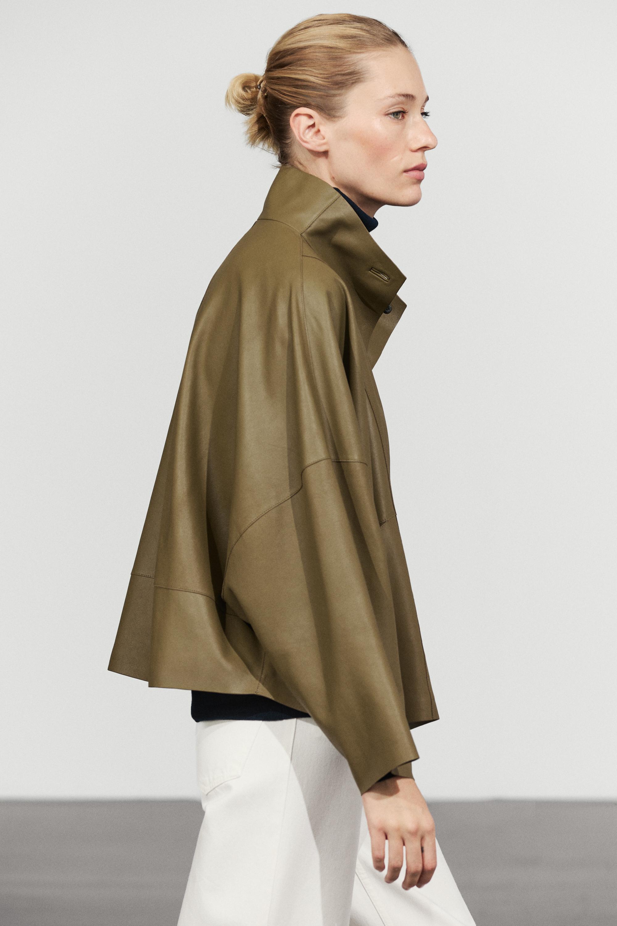 Stand collar nappa leather cropped jacket — KHAKI