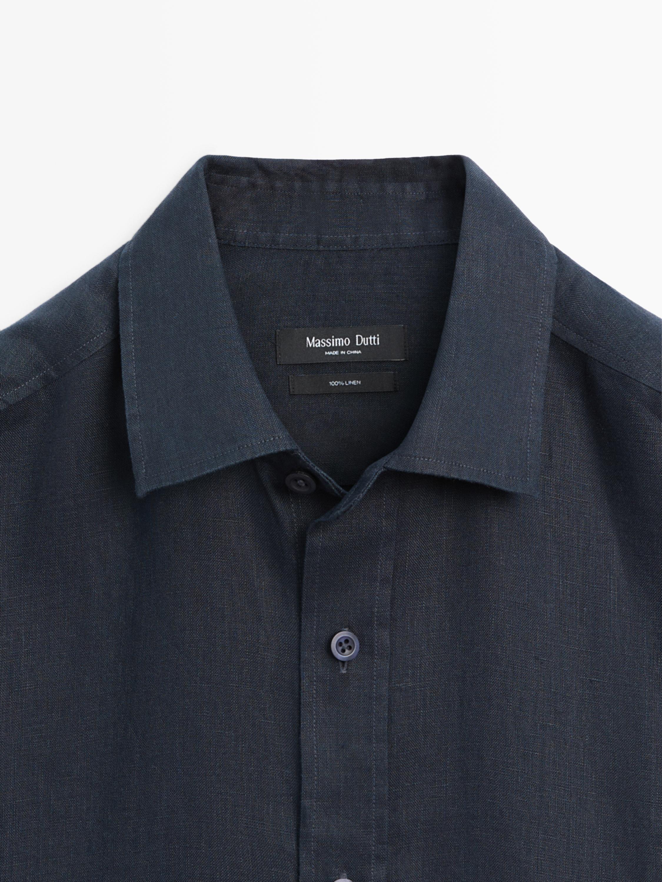 100% linen regular fit short sleeve shirt — NAVY BLUE