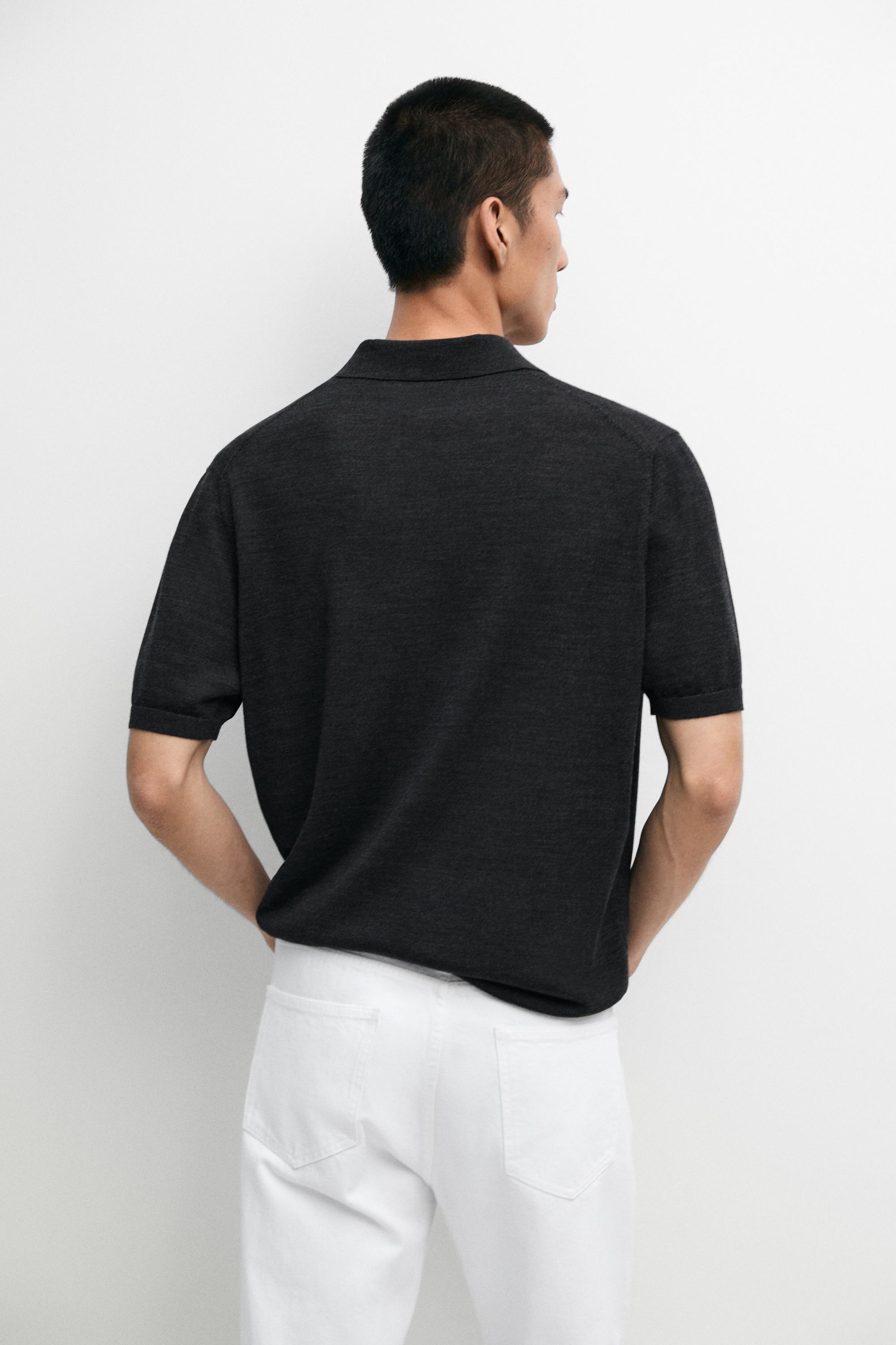 Short sleeve wool blend knit polo shirt — CHARCOAL