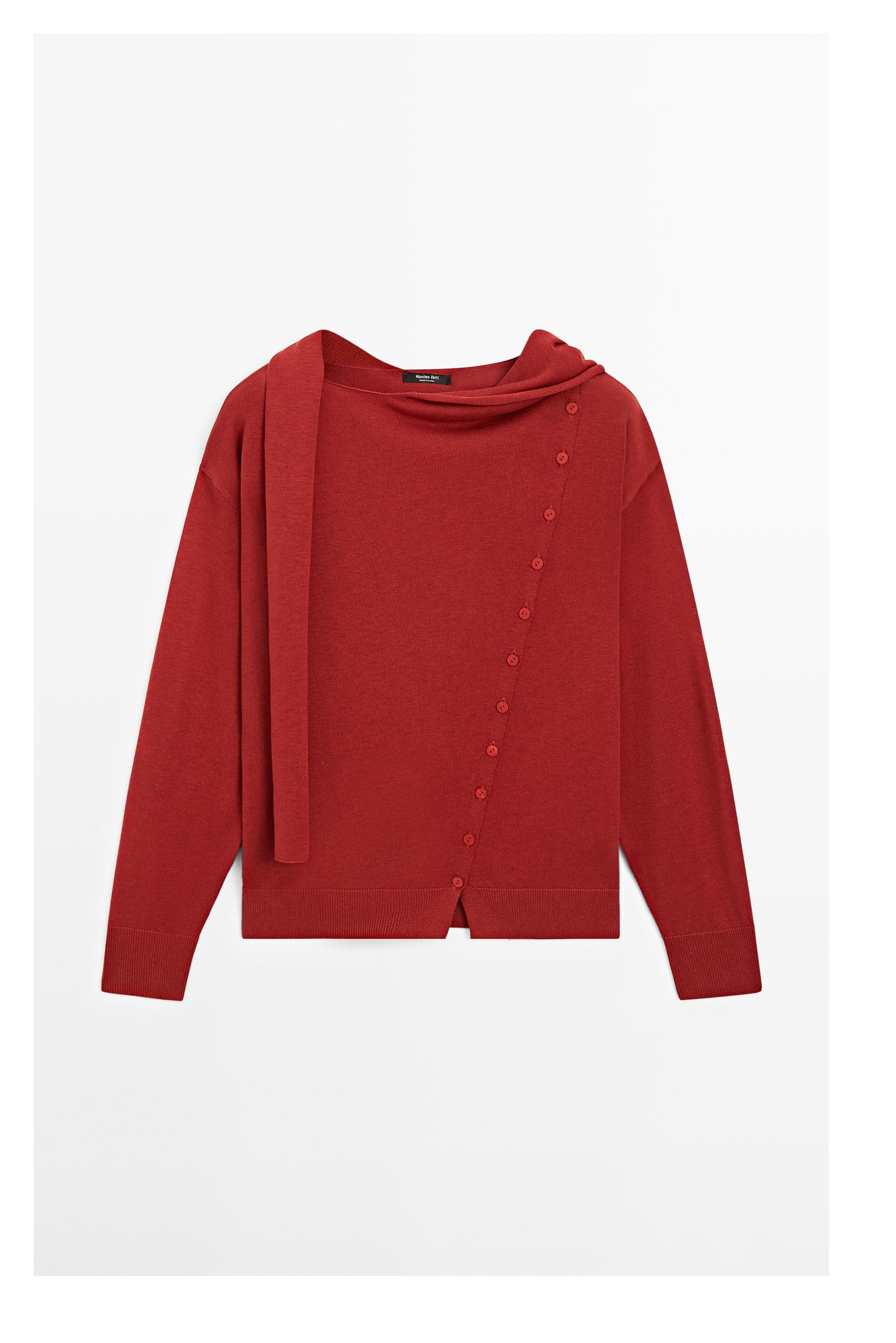 Cardigan with buttoned scarf detail — RED