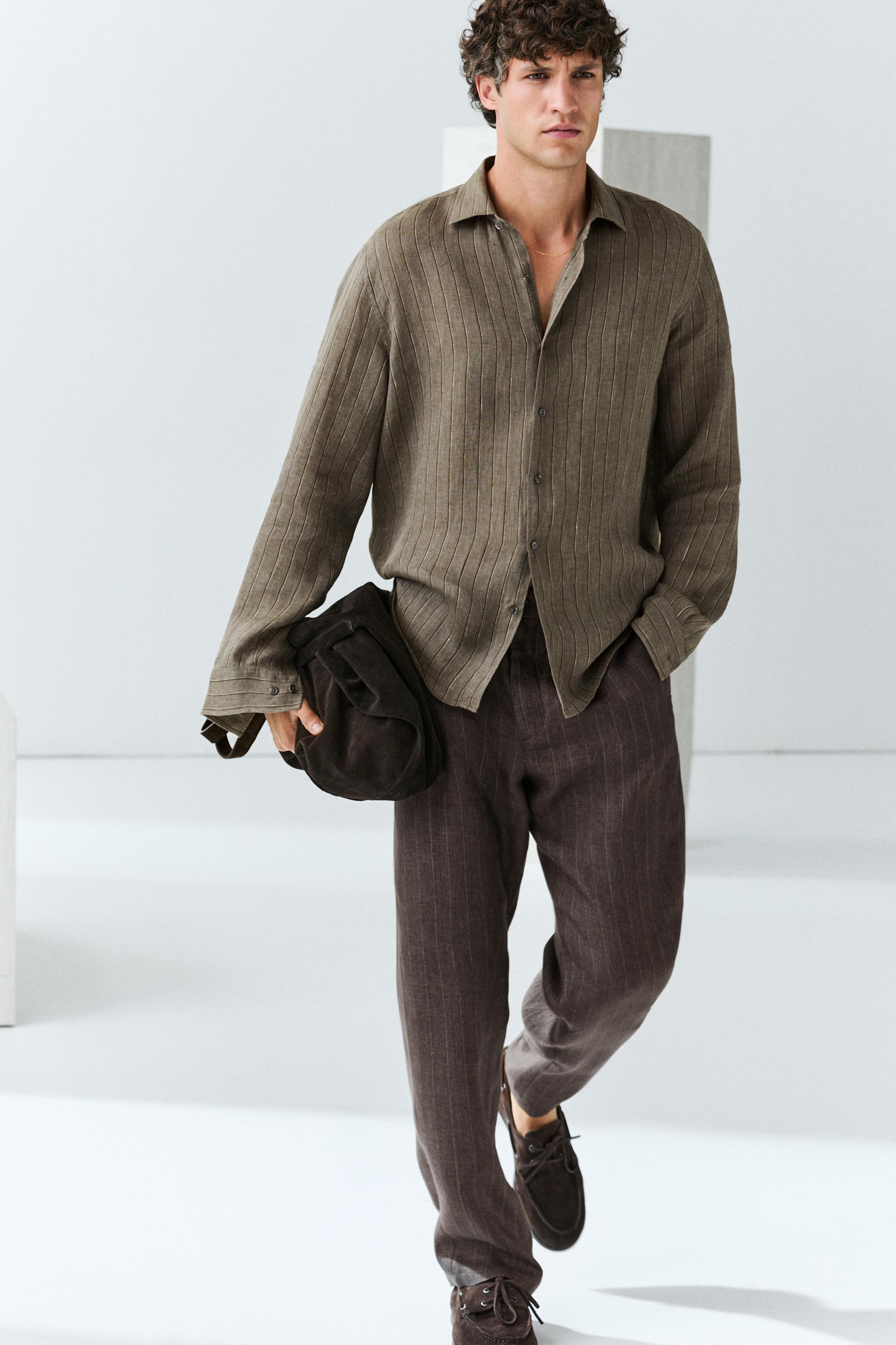 100% linen regular fit striped shirt — DARK GREEN