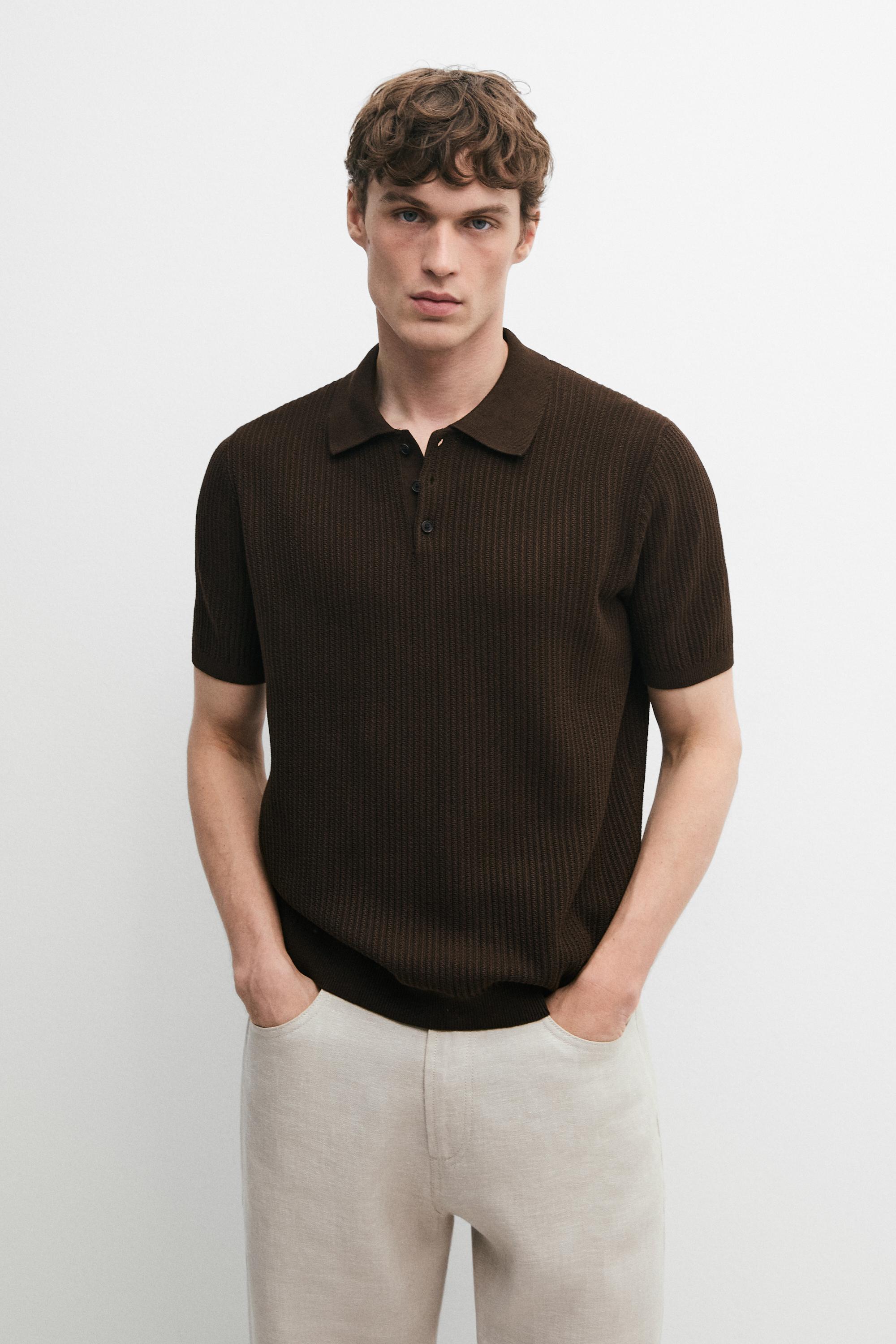 100% cotton textured knit polo sweater — BROWN MARL