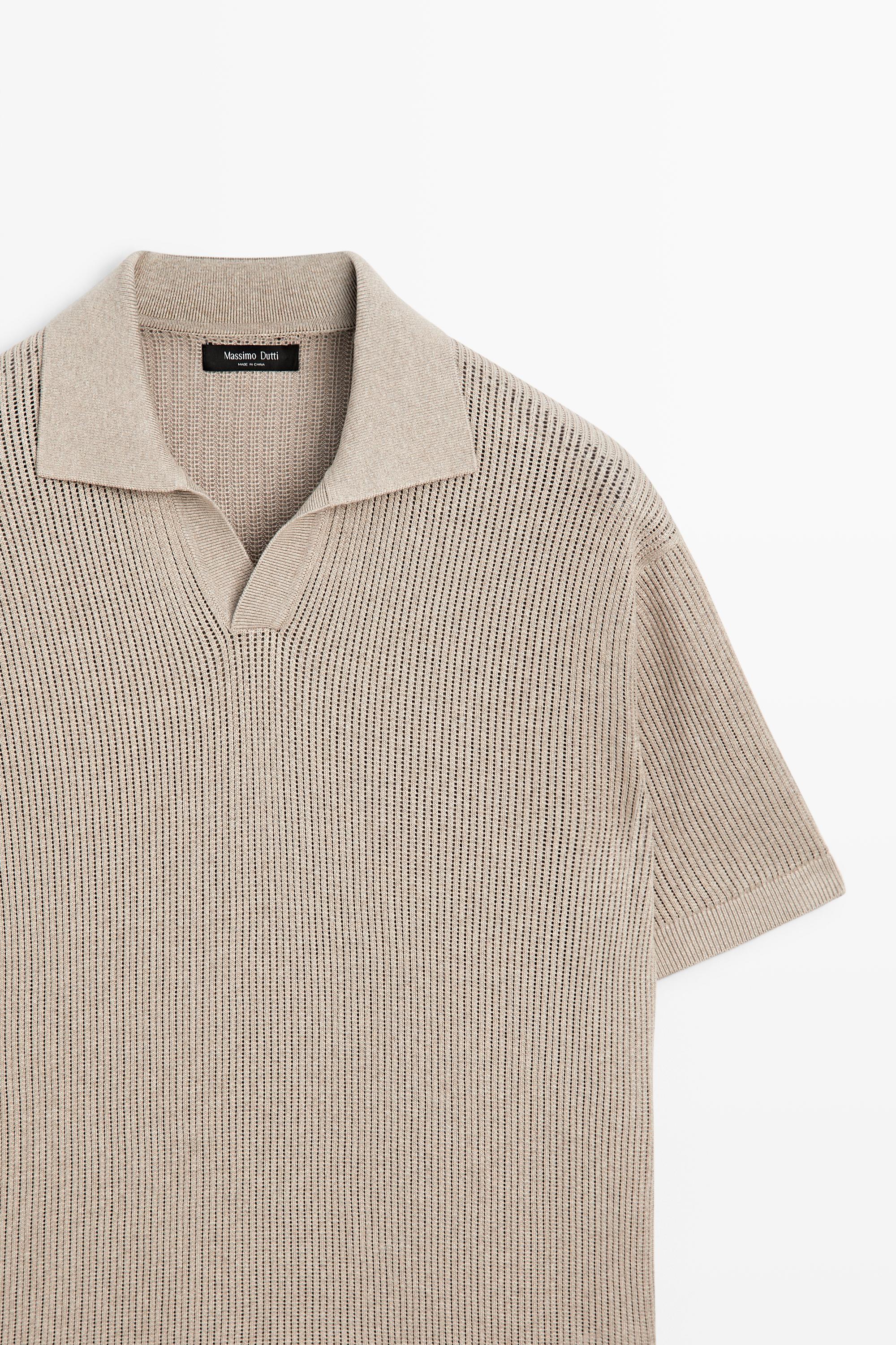 Cotton-blend V-neck knit polo shirt — MINK