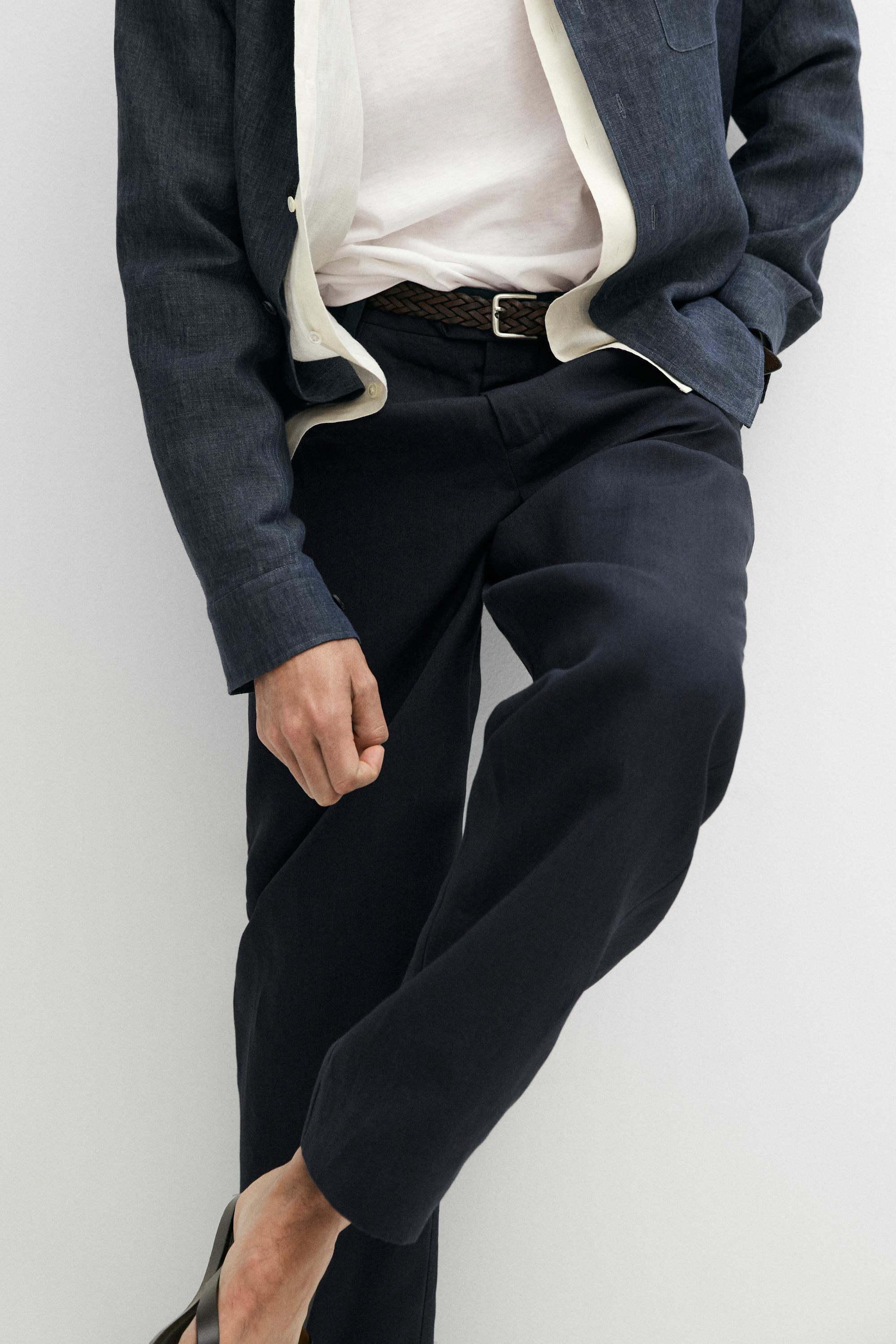 Darted 100% linen trousers — NAVY BLUE