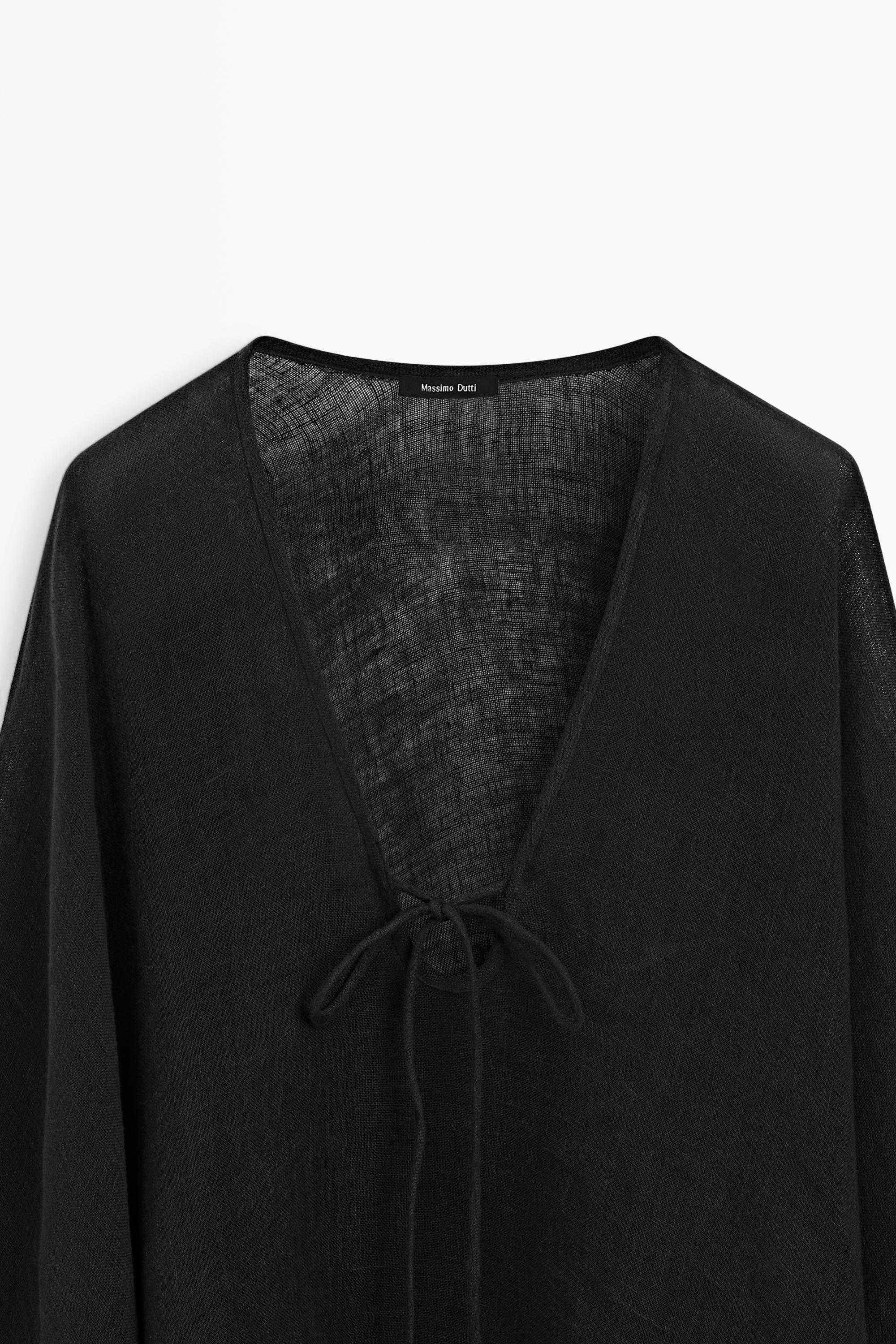 100% linen cape with tie details — BLACK