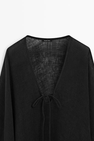 100% linen cape with tie details — BLACK 9