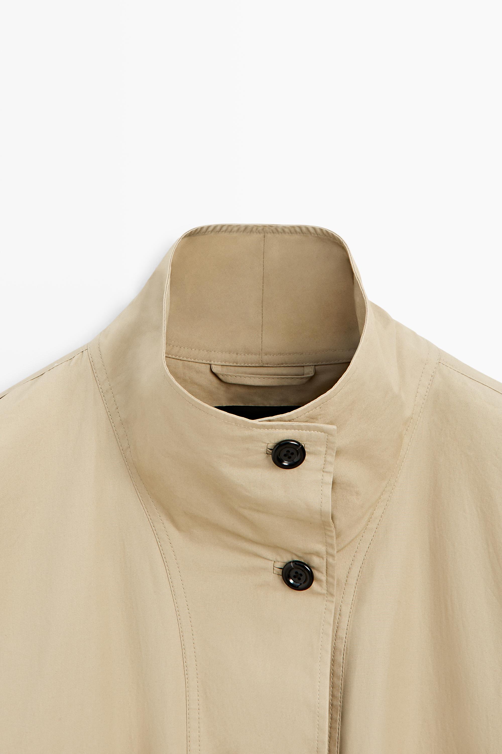 100% Cotton High-Neck Trench Coat — Light Beige